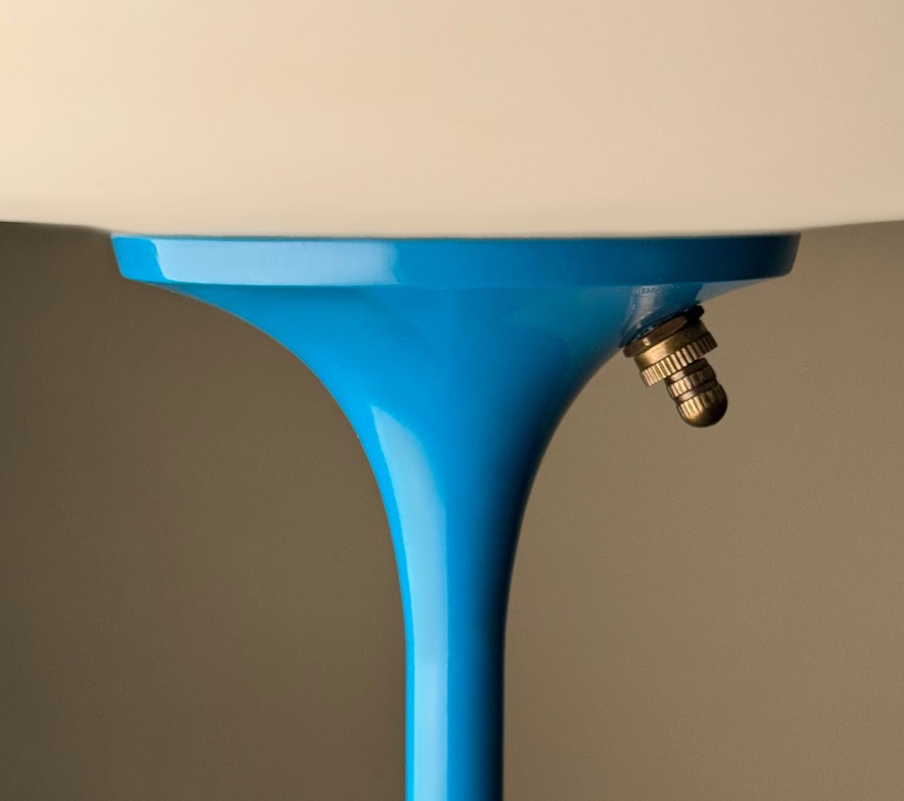 Mid-Century Modern Short Stemlite Table Lamp by Designline in Blue with White Frosted Lamp Shade For Sale