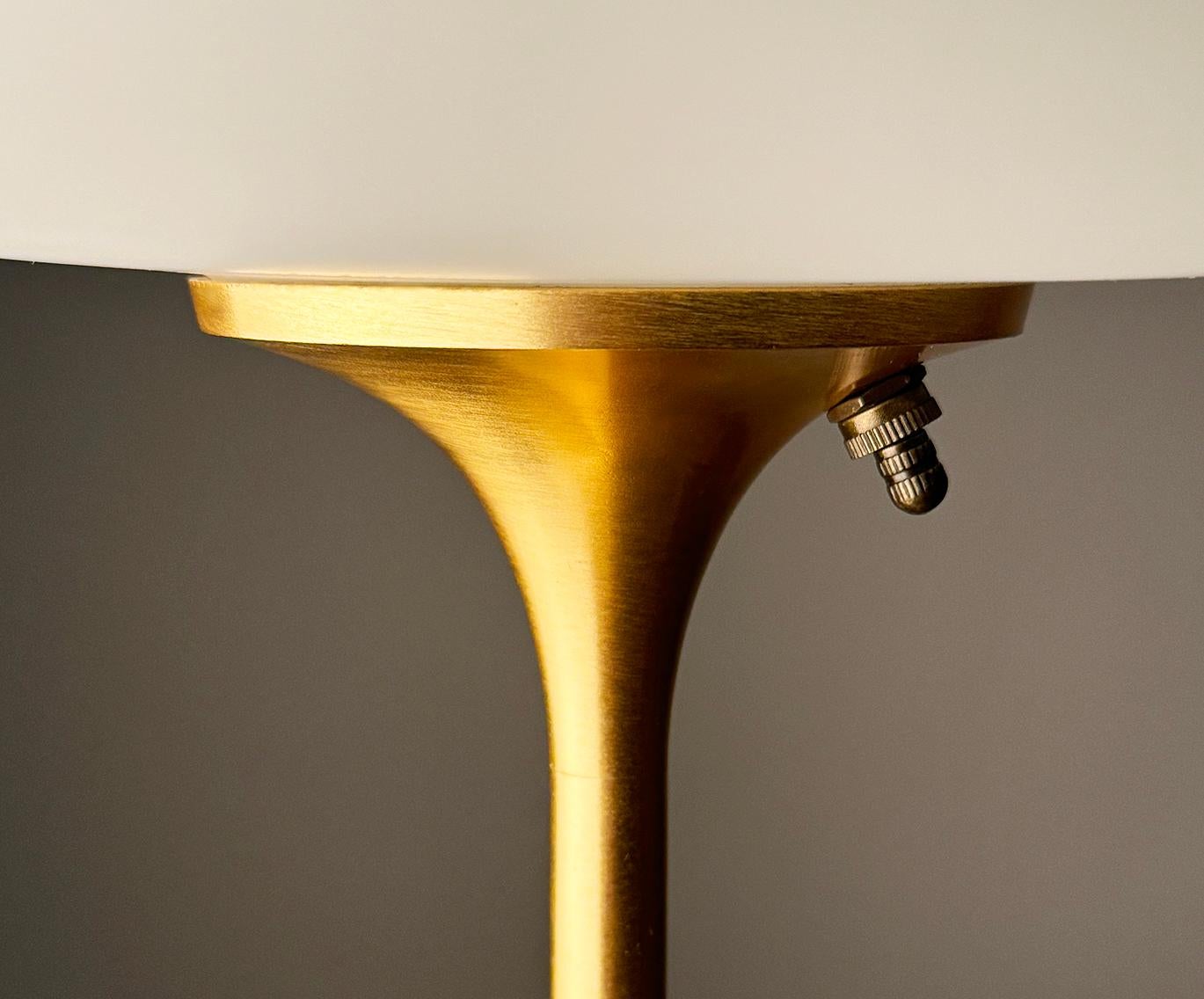 Mid-Century Modern Short Stemlite Table Lamp by Designline in Brass with White Frosted Lamp Shade For Sale