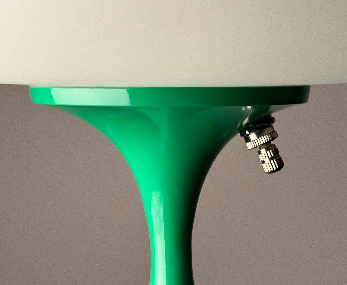 Mid-Century Modern Short Stemlite Table Lamp by Designline in Green with White Frosted Lamp Shade For Sale