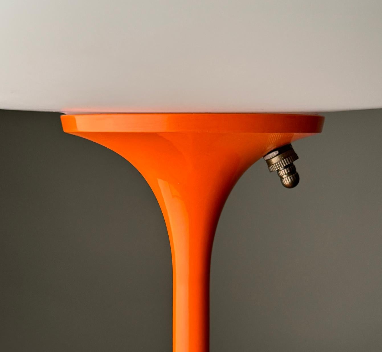 Mid-Century Modern Short Stemlite Table Lamp by Designline in Orange with White Frosted Lamp Shade For Sale