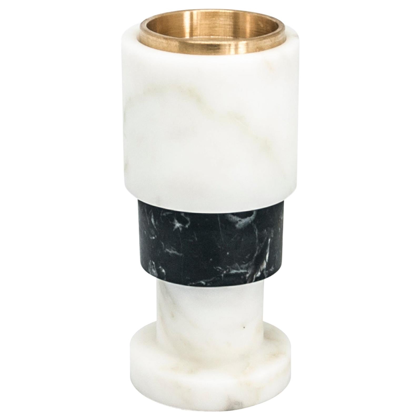 Handmade Short Squared Two-Tone Candleholder in Carrara and Marquina Marble For Sale