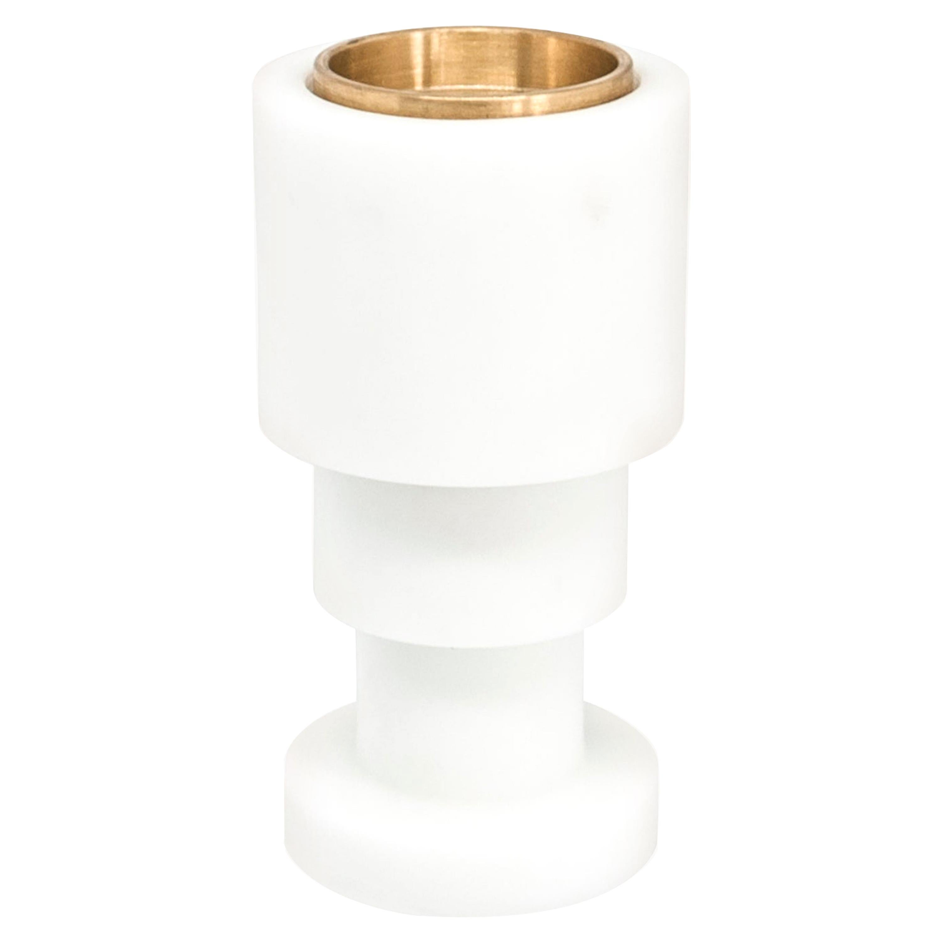 Handmade Short Squared Unicolor Candleholder in White Carrara Marble and Brass For Sale