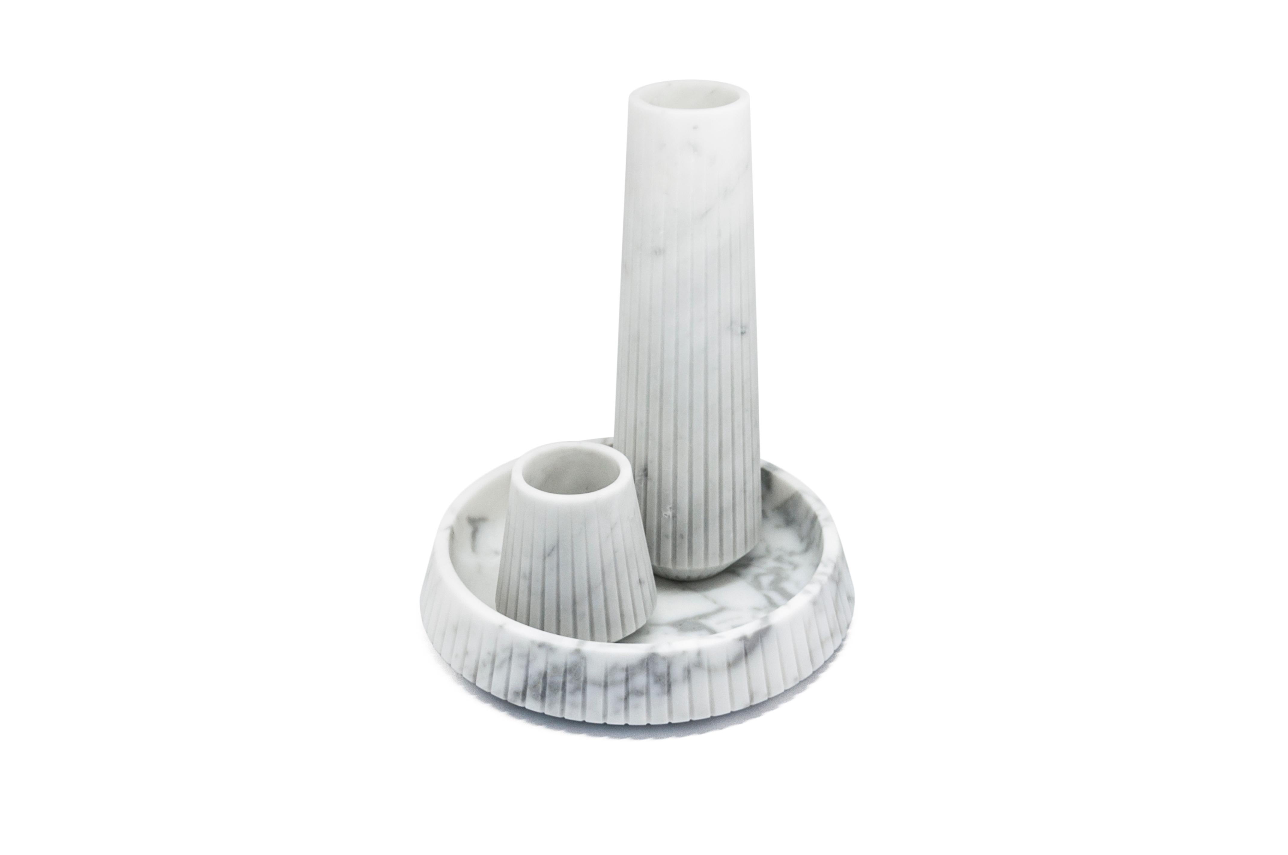 Contemporary Handmade Short Striped Vase in White Carrara Marble For Sale