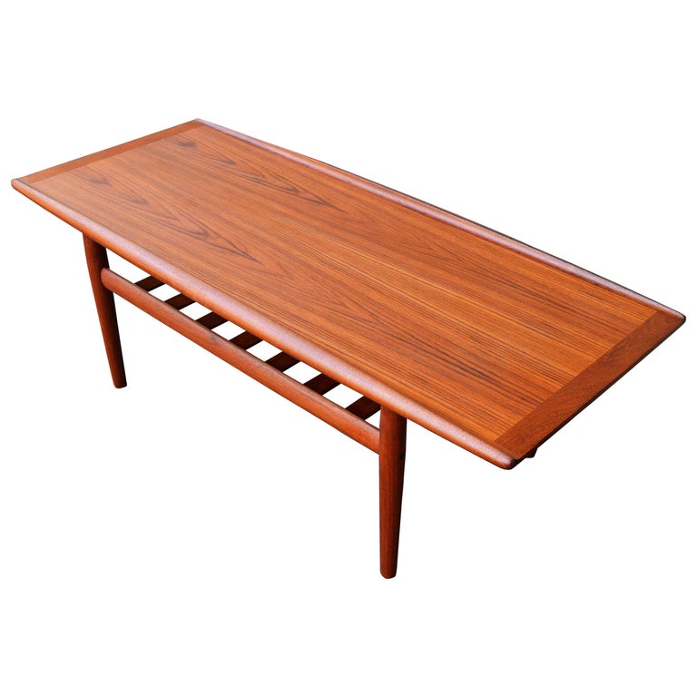 Shorter Teak Coffee Table with Flared Edges and Slat Shelf Grete Jalk