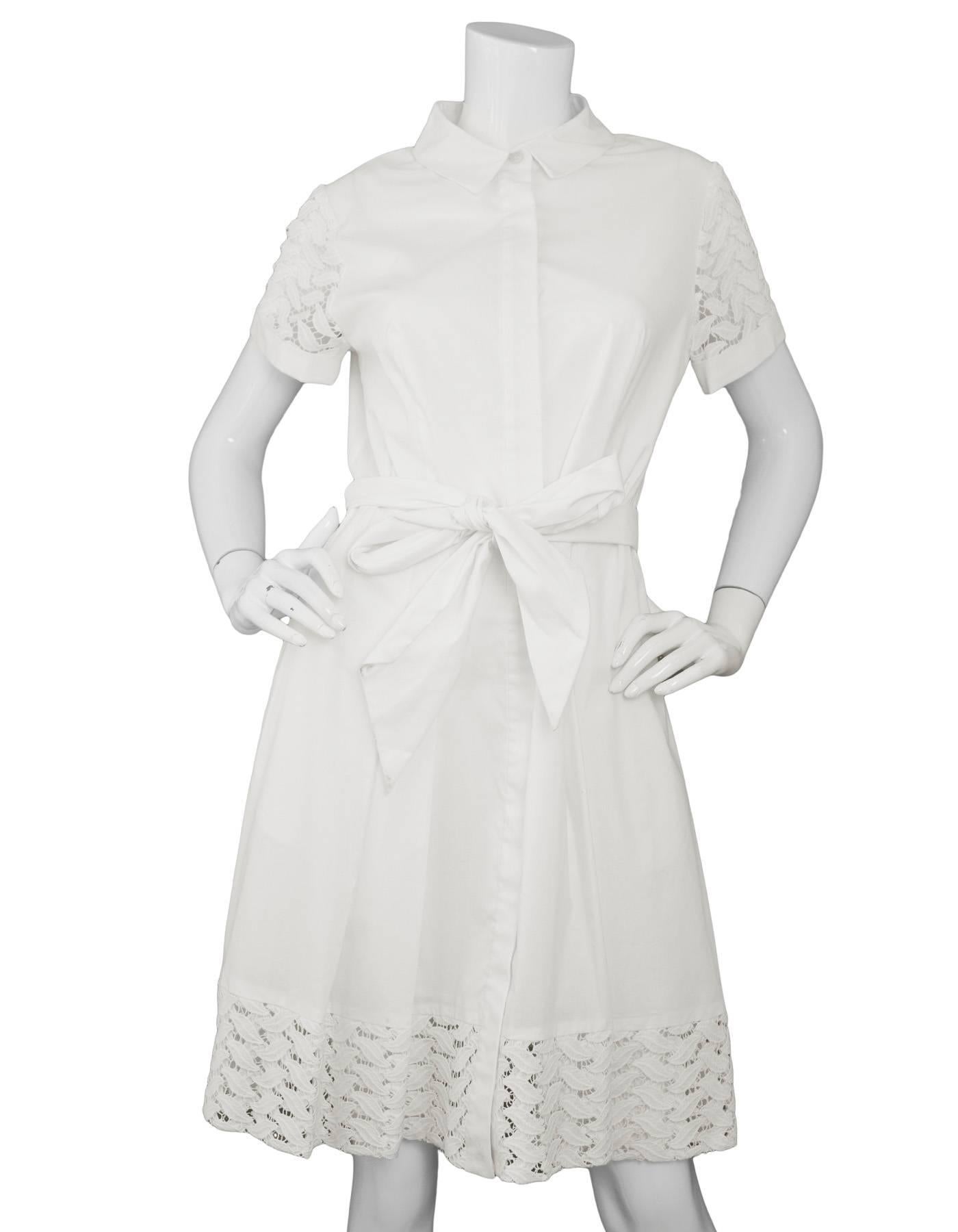 Shoshanna White Shirt Dress Sz 10

Features eyelet sleeves and hem

Made In: USA
Color: White
Composition: 65% cotton, 30% polyester, 5% polyurethane
Lining: white  100% poly stretch
Closure/Opening: Front button closure
Exterior Pockets: