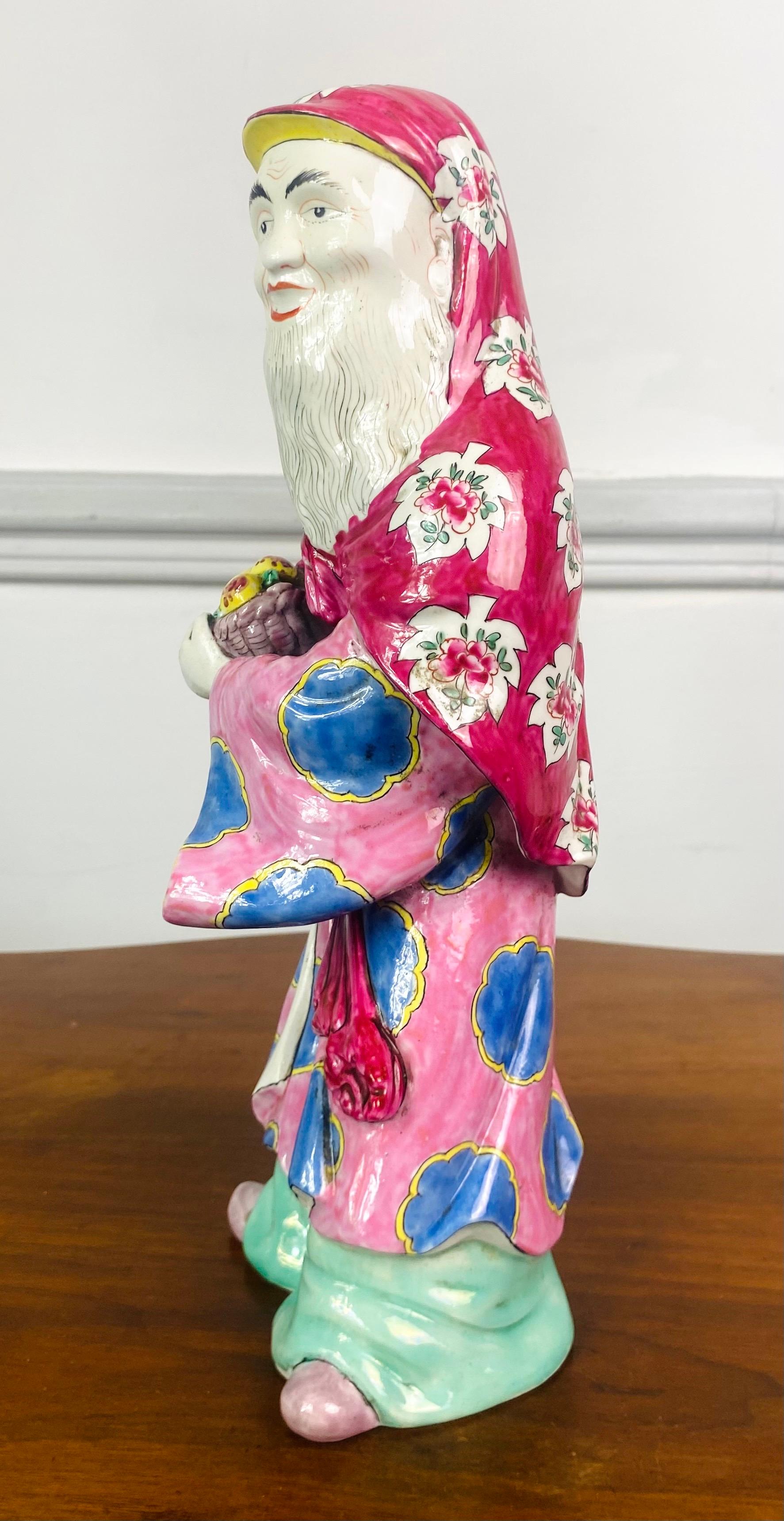 Shou Lao Chinese Porcelain Statuette God of Longevity - pink - China Qing Period For Sale 6