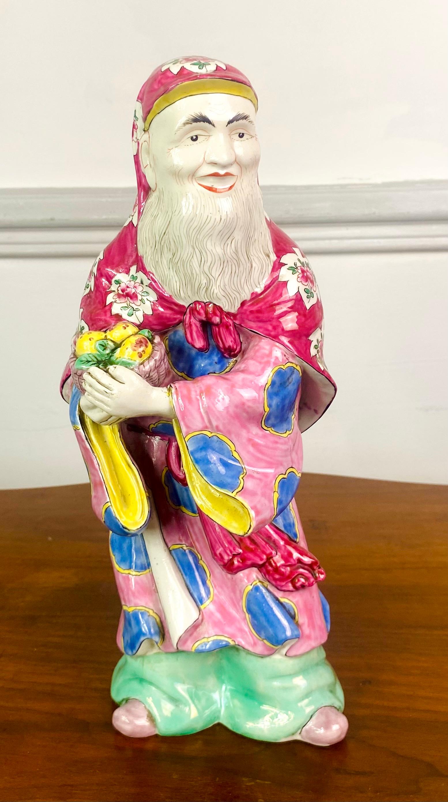 Shou Lao Chinese Porcelain Statuette God of Longevity - pink - China Qing Period For Sale 9