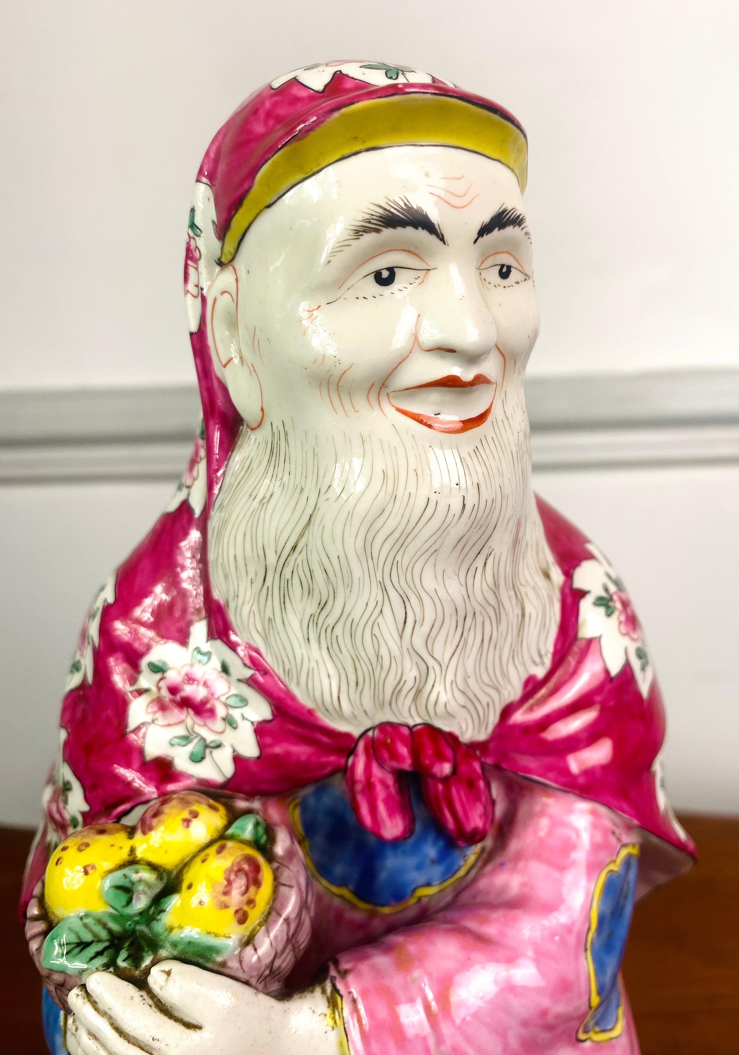 Enameled Shou Lao Chinese Porcelain Statuette God of Longevity - pink - China Qing Period For Sale