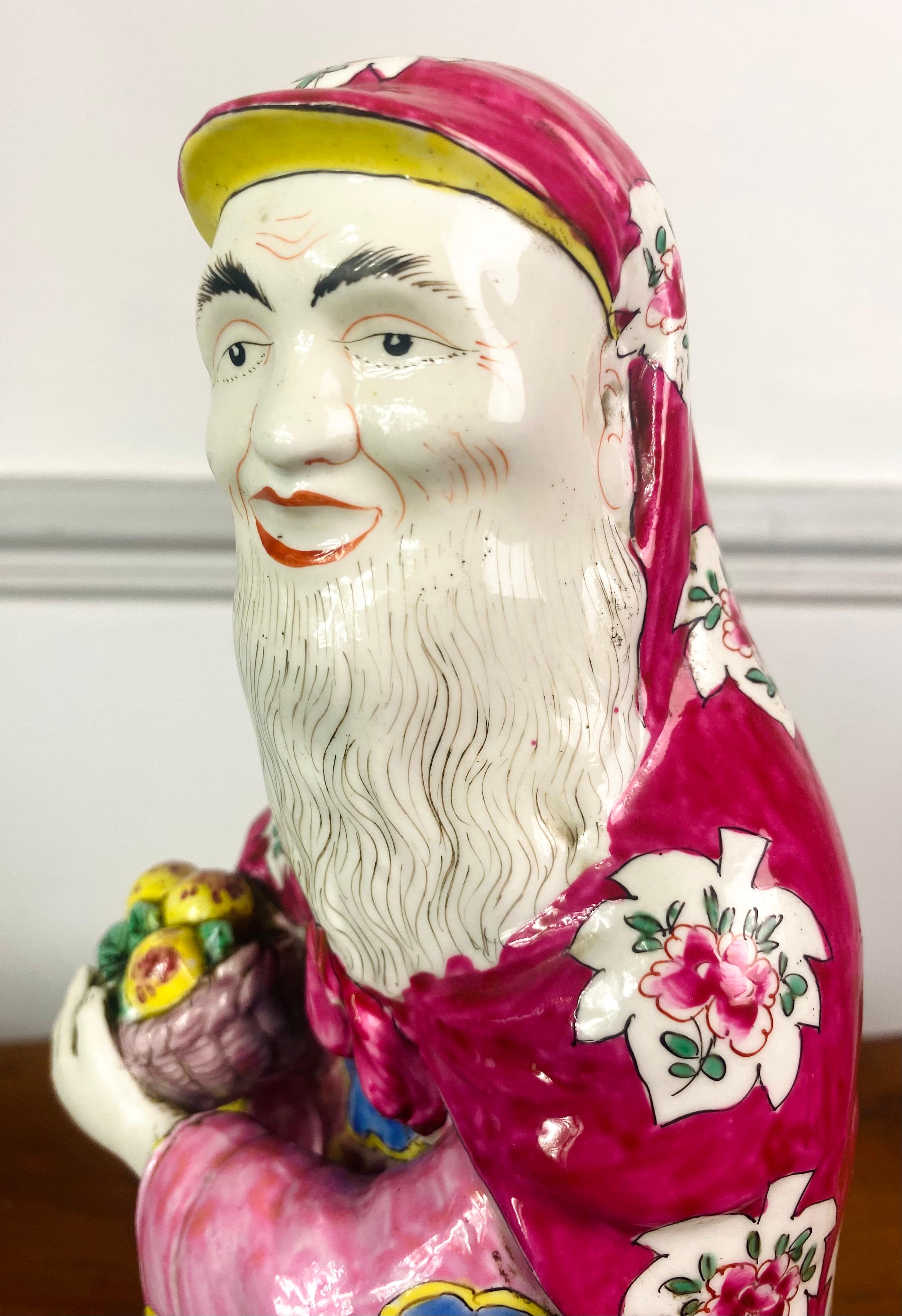 Shou Lao Chinese Porcelain Statuette God of Longevity - pink - China Qing Period For Sale 1