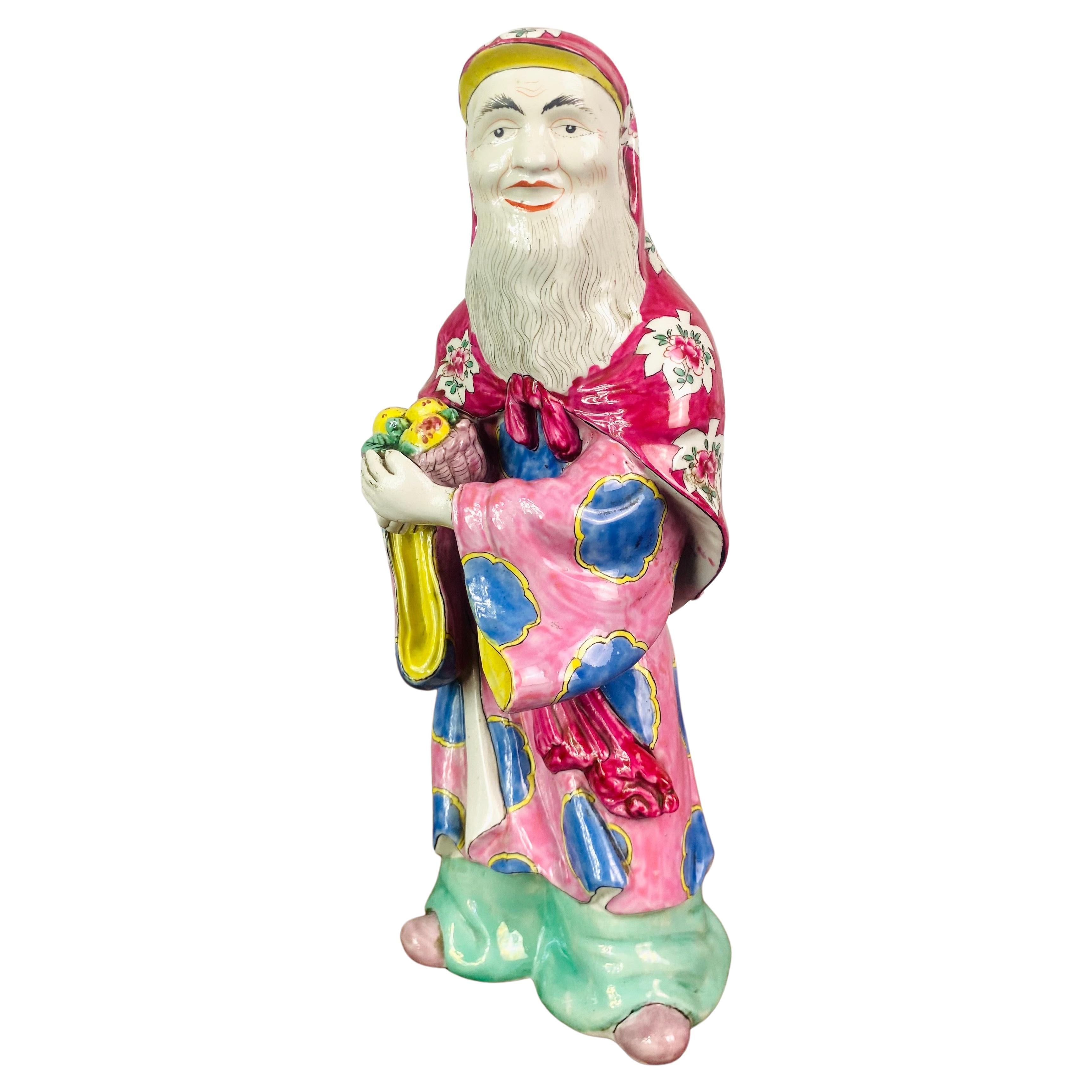 Shou Lao Chinese Porcelain Statuette God of Longevity - pink - China Qing Period For Sale