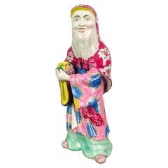 Vintage Shou Lao Chinese Porcelain Statuette God of Longevity - pink - China Qing Period