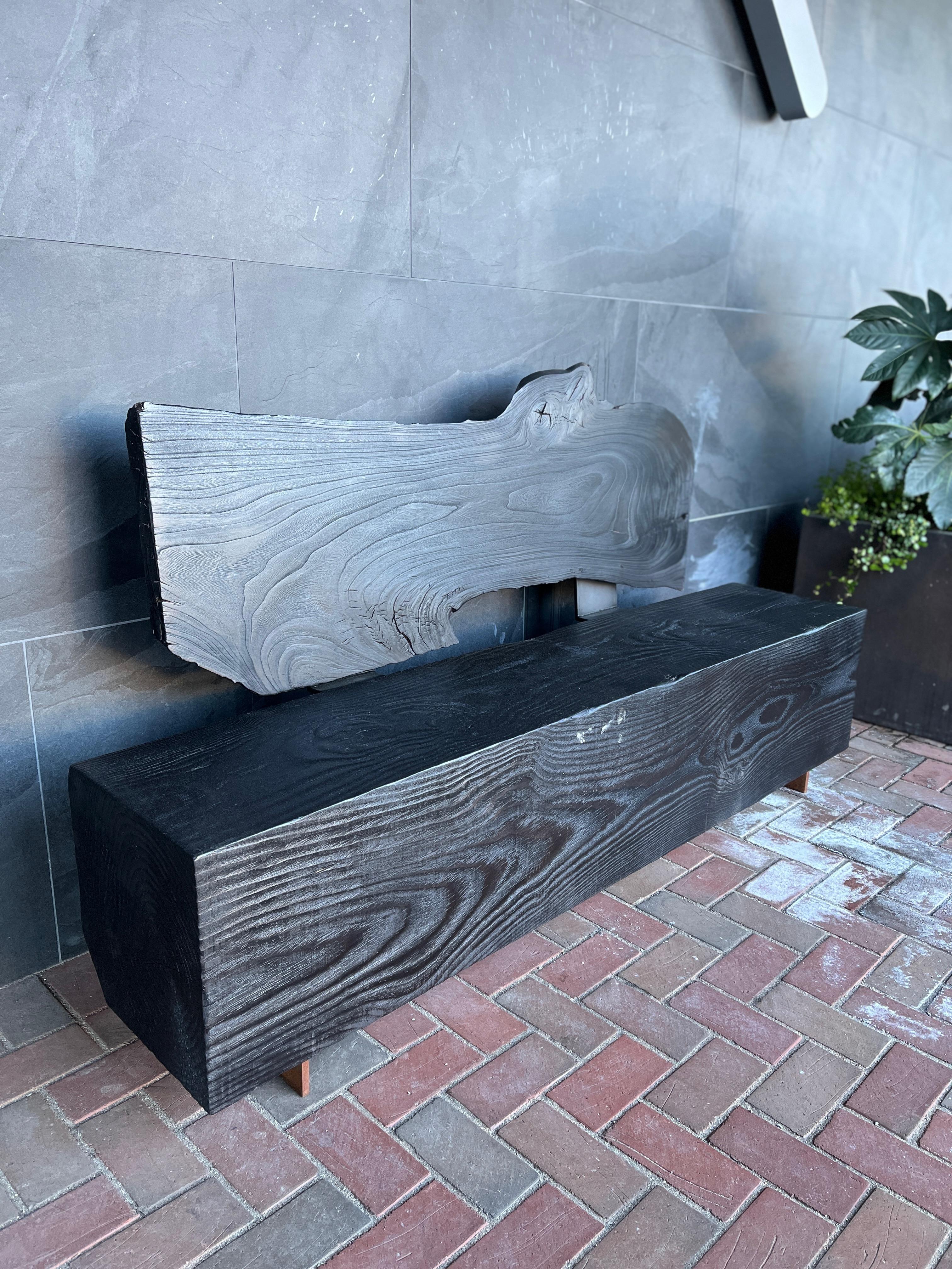 North American Shou Sugi Ban Wood Bench Pine Corten Steel with Live Edge Back by Alabama Sawyer For Sale