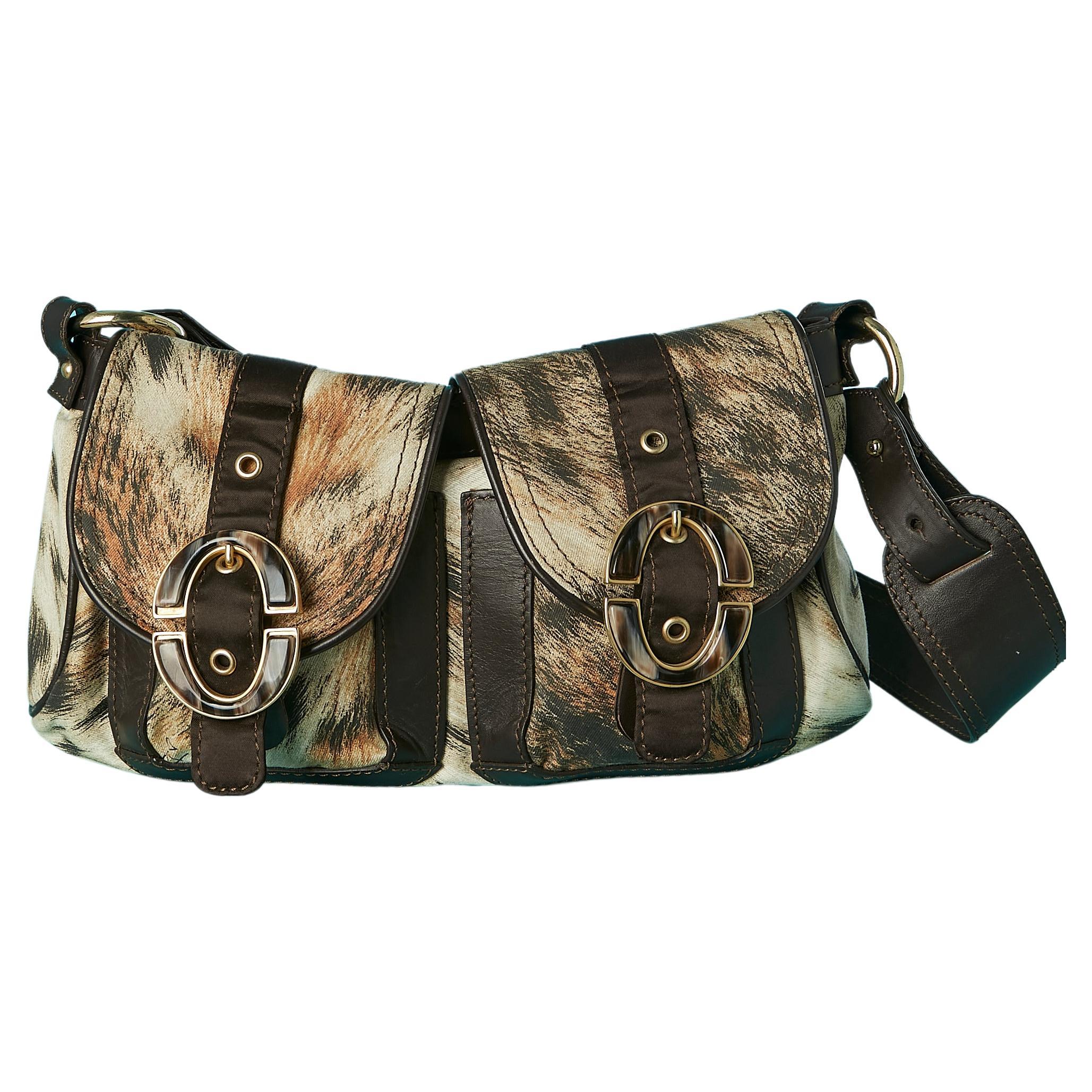 Shoulder bag in printed cotton and brown leather Just Cavalli