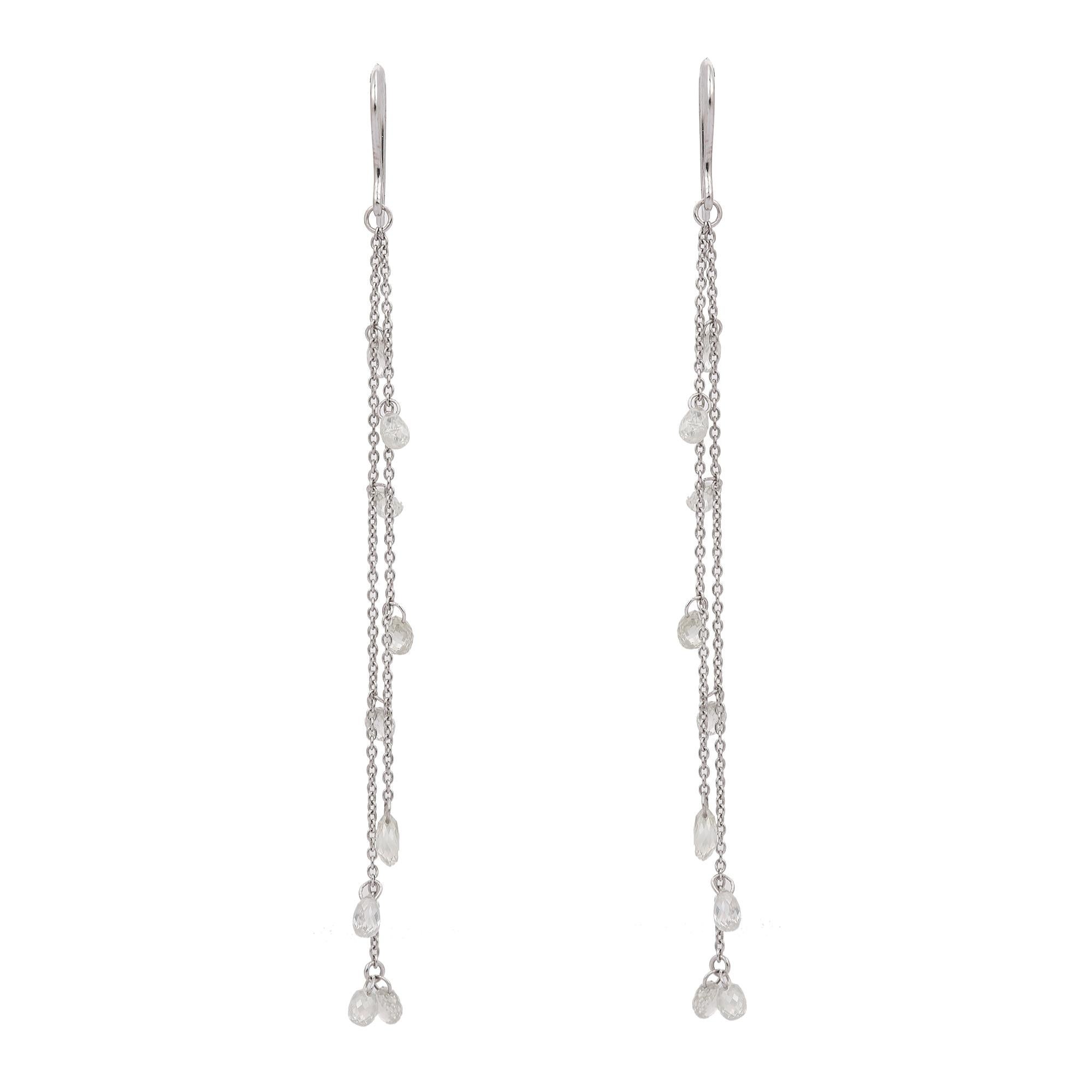 18K White Gold Shoulder Dust Diamond Double Chain Dangle Earrings to make a statement with your look. These earrings create a sparkling, luxurious look featuring drop cut diamonds.
If you love to gravitate towards unique styles, this piece of