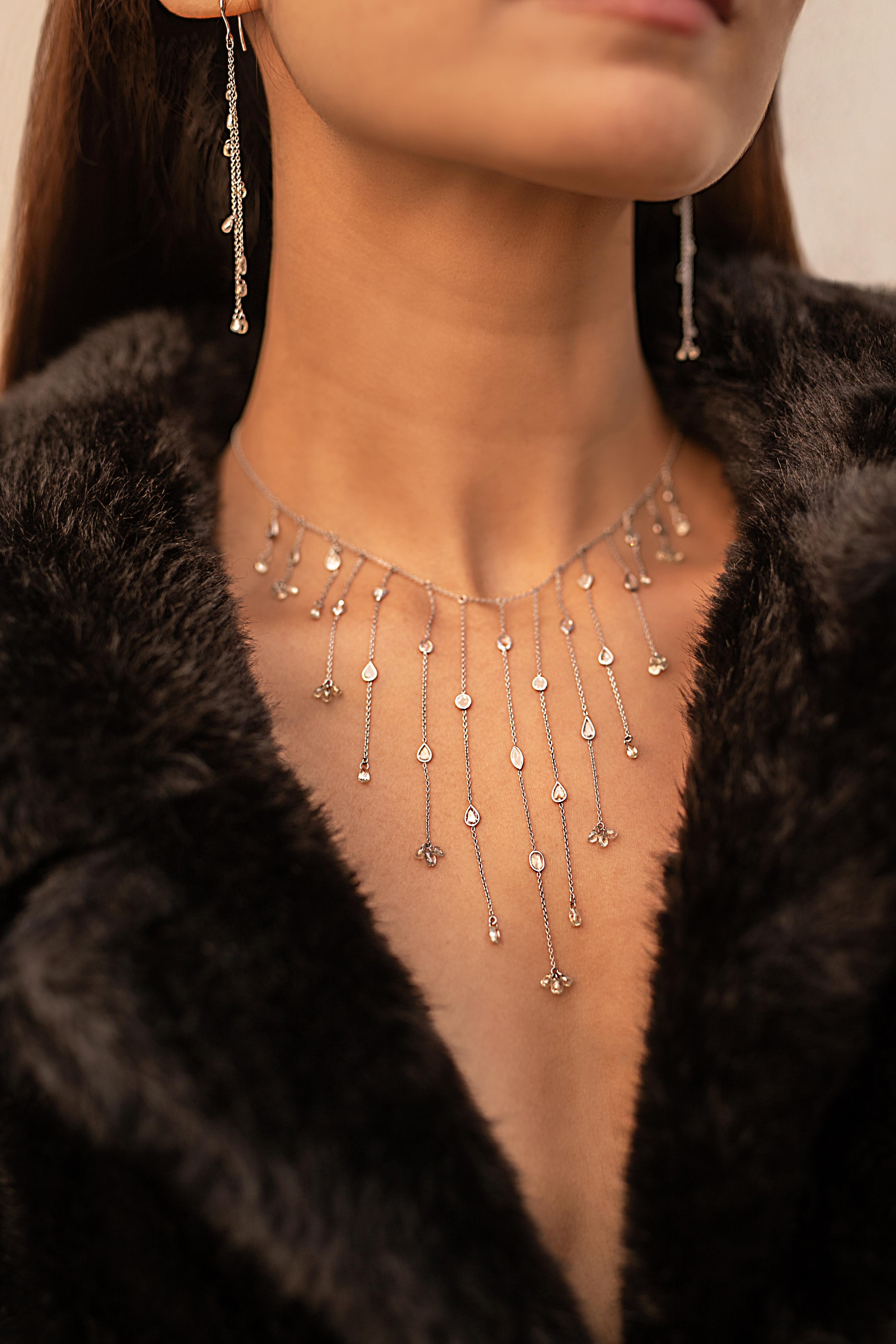 Shoulder Dust 3.17 Carat Diamond Double Chain Dangle Earrings in 18K White Gold For Sale 1