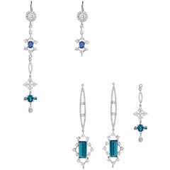 Shoulder Duster Diamond Drop Adjustable Earrings Blue Tourmalines in 18k Gold