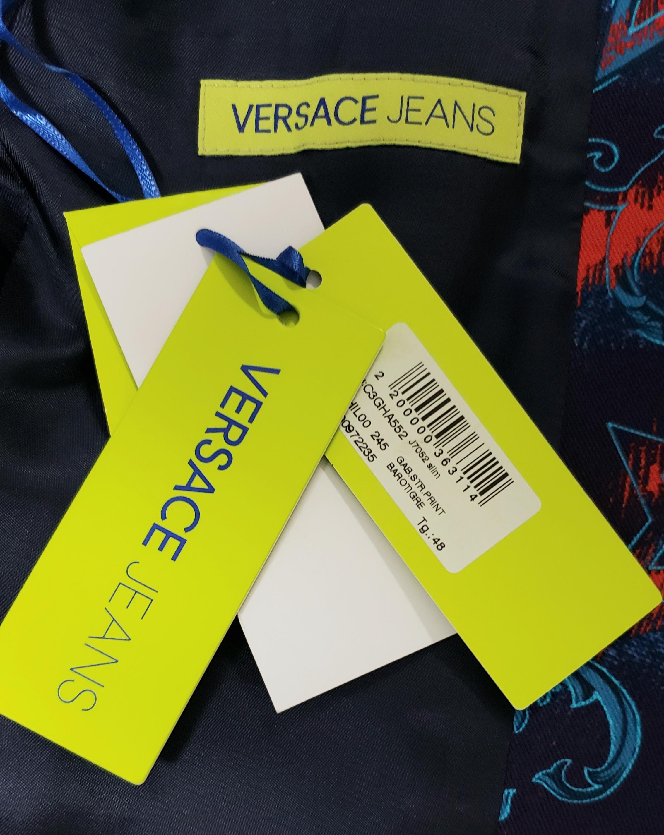 New Versace Jeans Printed Stretch Denim Blazer Jacket 2