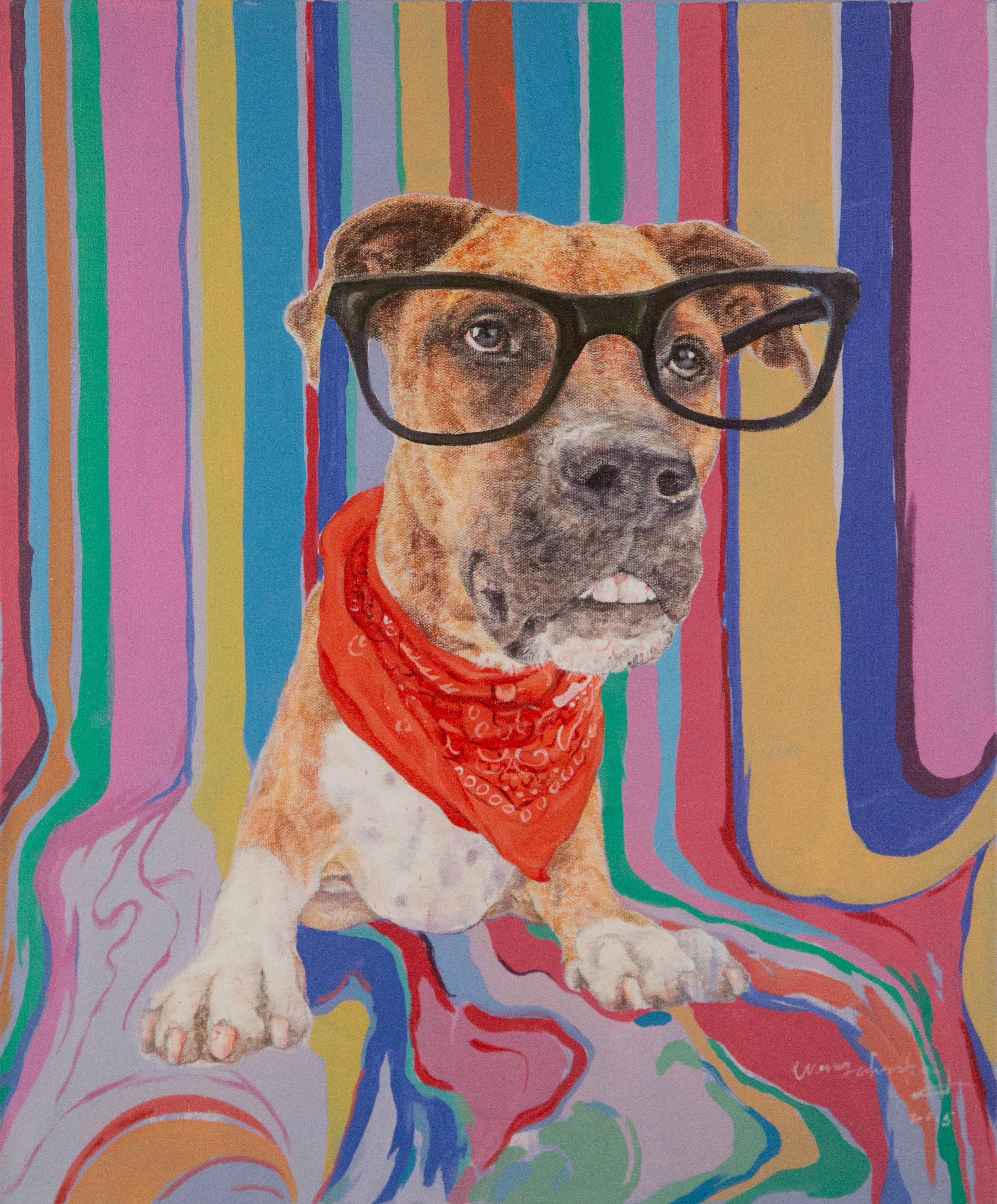 ShouZhang Wang Animal Original Oil On Canvas "Cute And Cool Dog" (Chien mignon et cool)