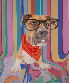 ShouZhang Wang Animal Original Oil On Canvas "Cute And Cool Dog" (Chien mignon et cool)