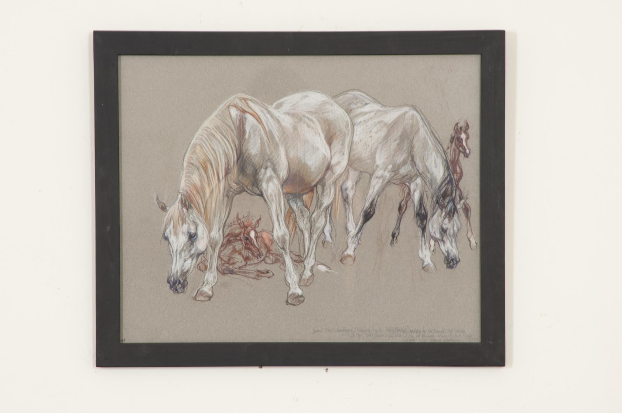 Un bellissimo pezzo di una collezione più ampia di disegni di cavalli da esposizione del XX secolo incorniciati dell'artista della Royal Academy Leslie Charlotte Benenson (1941-2018). Uno studio a pastello di eccezionale qualità su carta carbone. Le