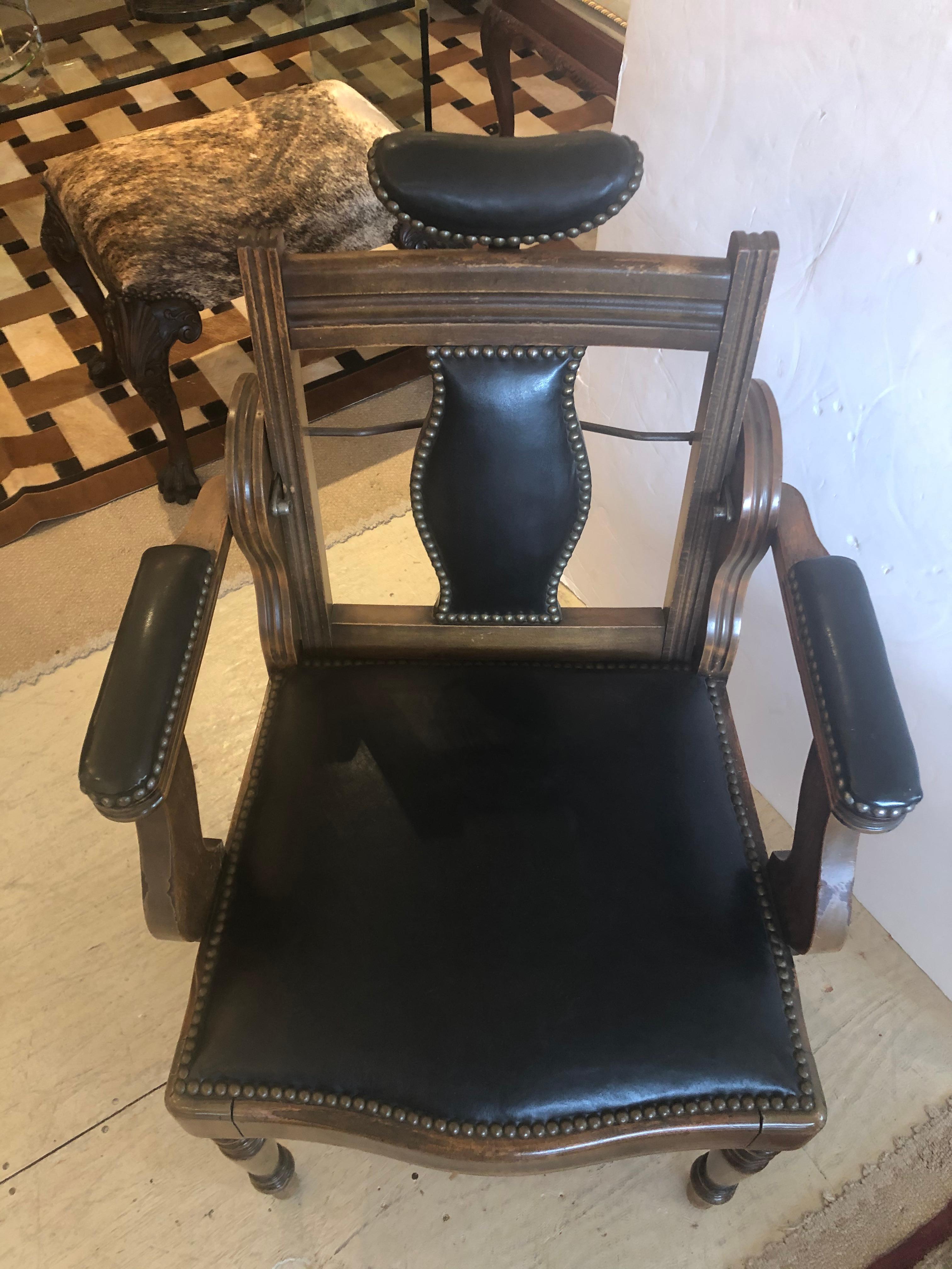 Show Stopper Antique Leather and Mahogany Dental Armchair For Sale 9