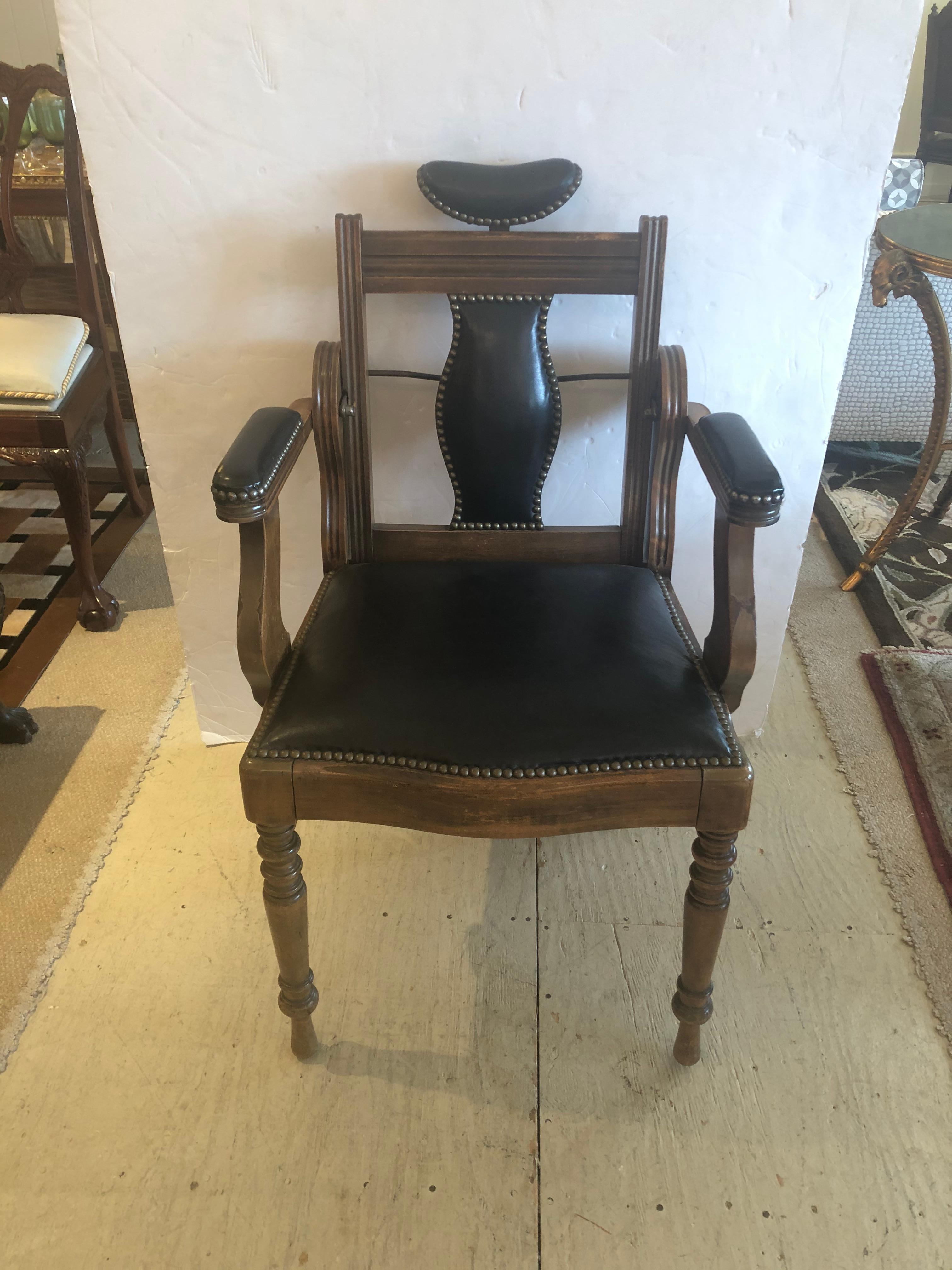 Show Stopper Antique Leather and Mahogany Dental Armchair In Good Condition For Sale In Hopewell, NJ