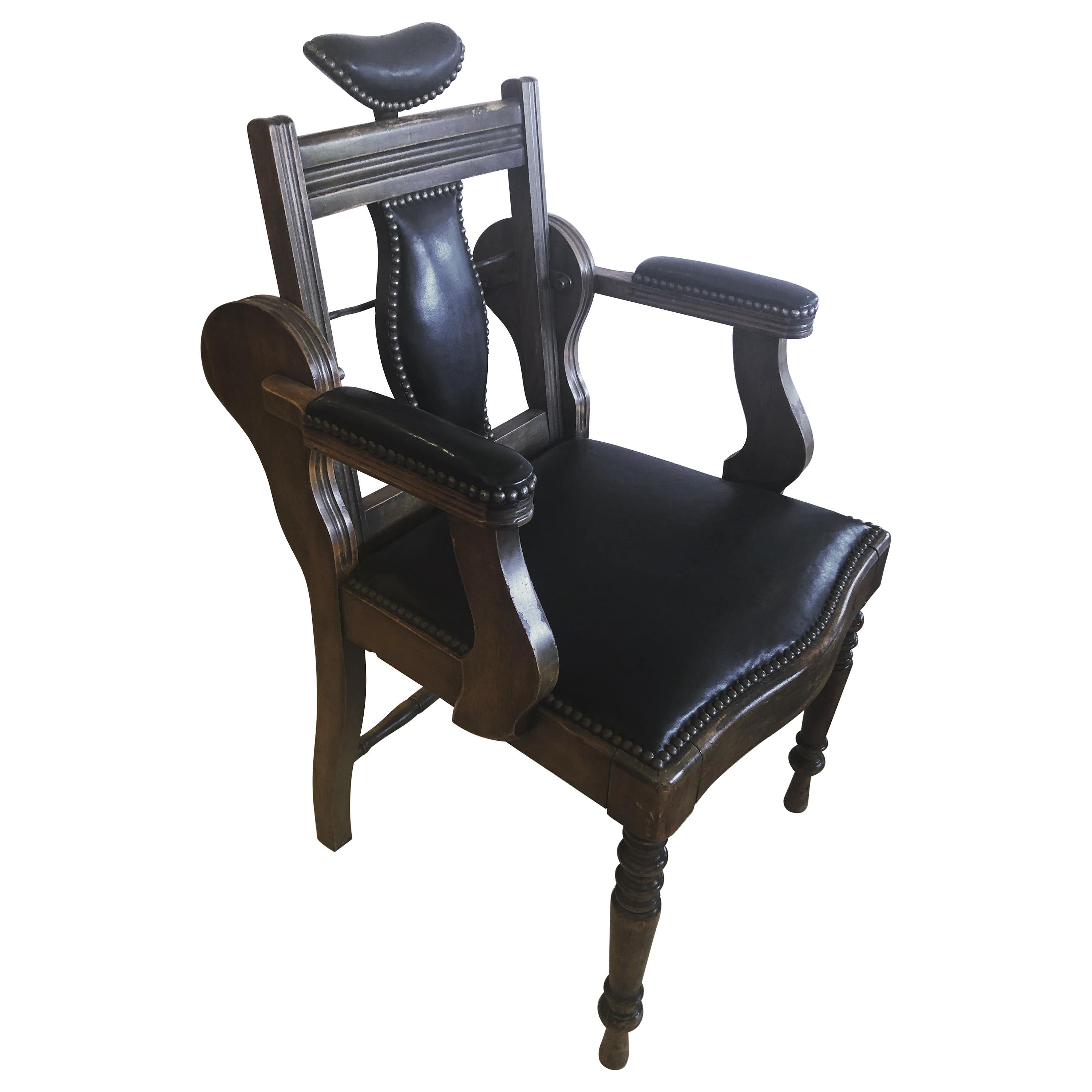 Show Stopper Antique Leather and Mahogany Dental Armchair For Sale