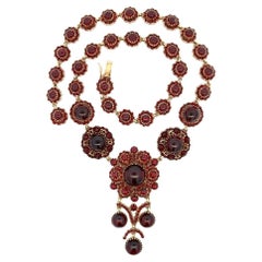Show Stopper Bohemian Cabochon and Faceted Red Garnet Gold Statement Necklace