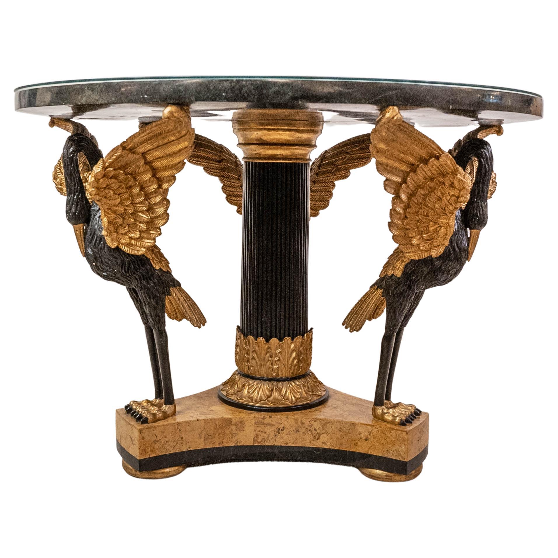 Sensational one of a kind custom Hollywood Regency style Italian Pietra Dura foyer center table having a striking combination of ebonized & gilt carved swans and pedestal. The gilt carved swans are in the manner of Maison Jansen. Gorgeous acanthus