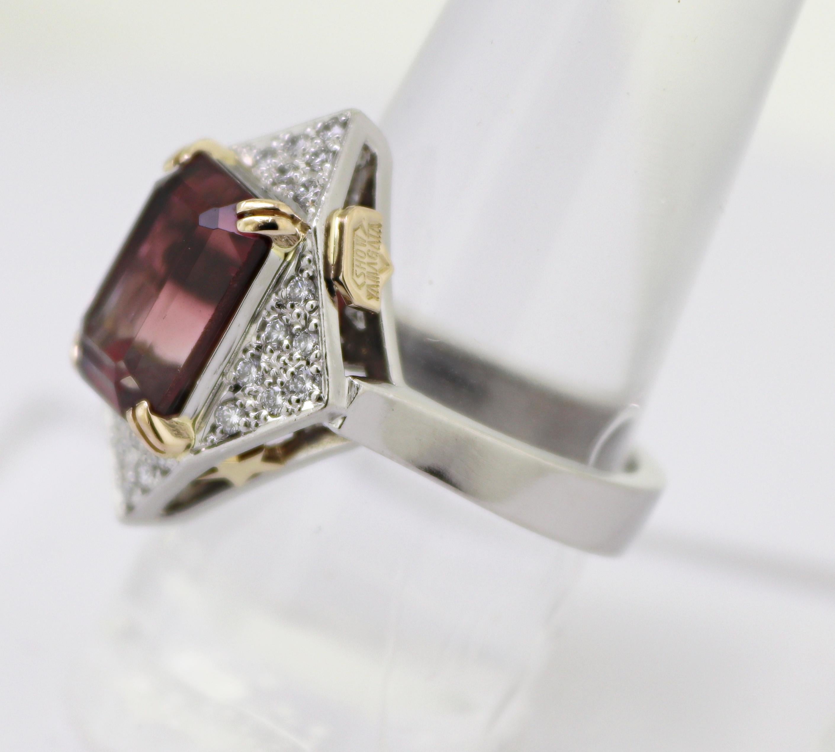 Show Yamagata Ring aus Platin und Gelbgold mit Turmalin, Diamant im Zustand „Gut“ im Angebot in Pleasant Hill, CA
