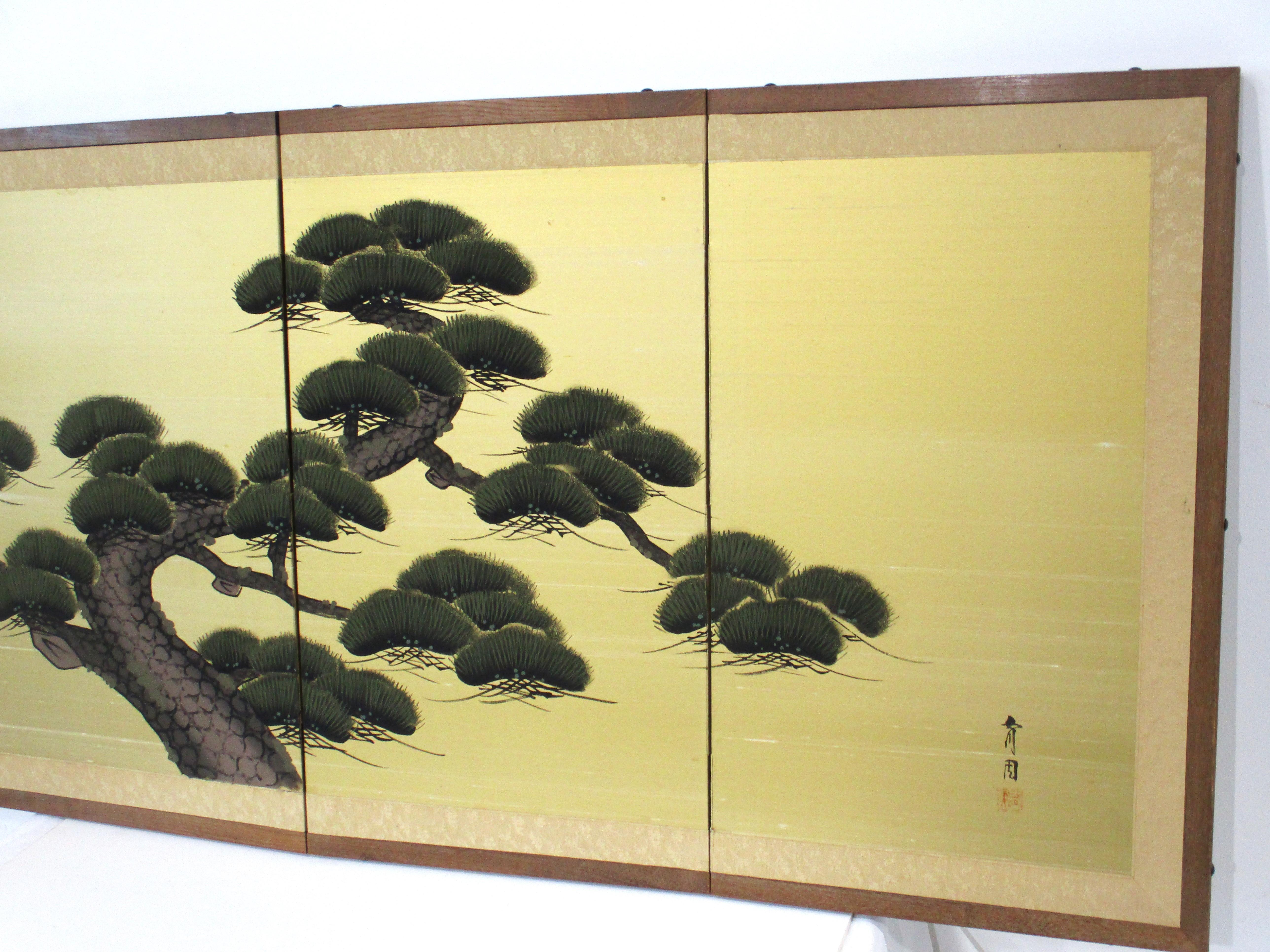 Mid-Century Modern Showa / Edo Style Japanese Pine Tree Painted Small Byobu Screen