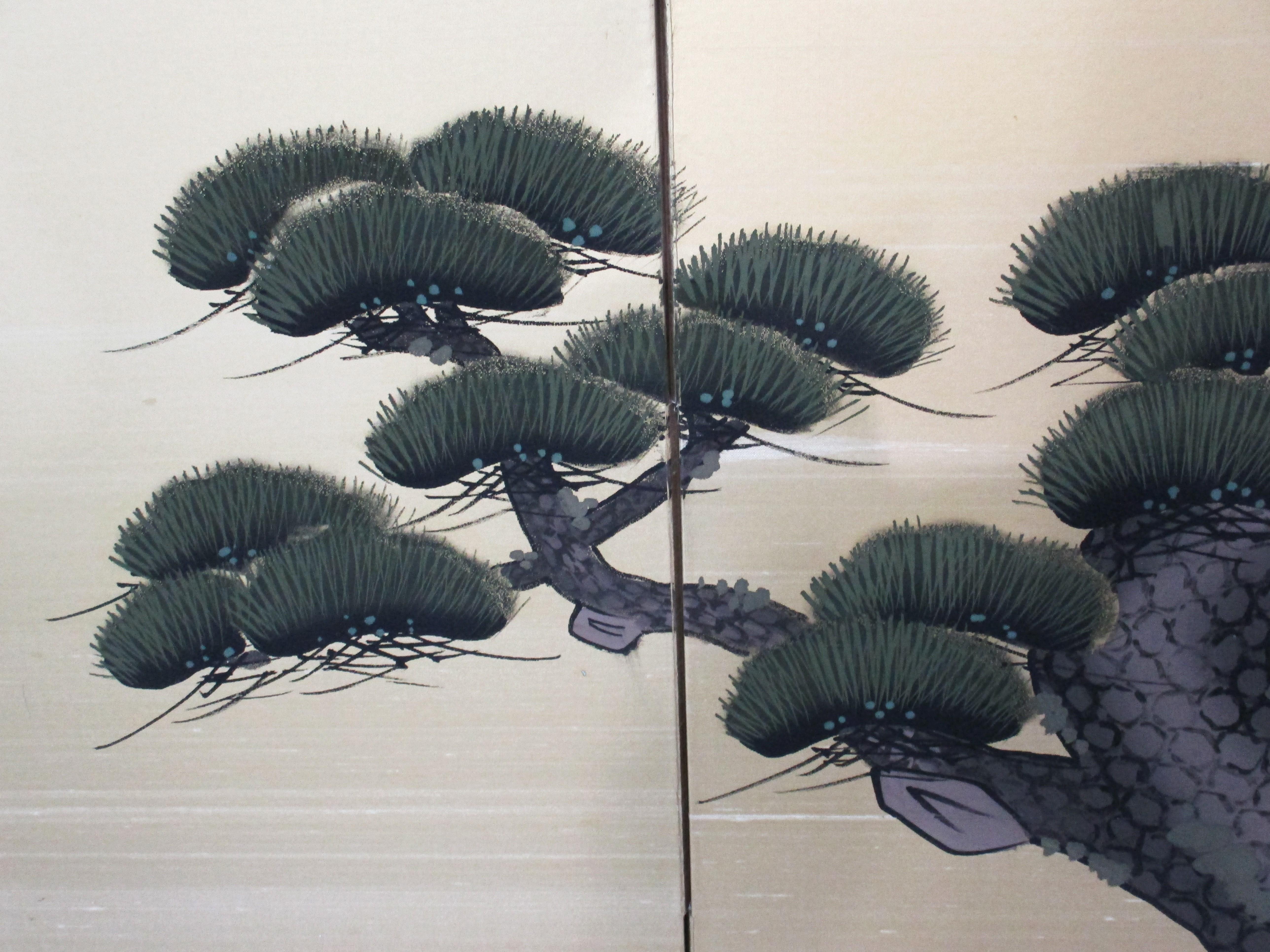 Showa / Edo Style Japanese Pine Tree Painted Small Byobu Screen In Good Condition In Cincinnati, OH