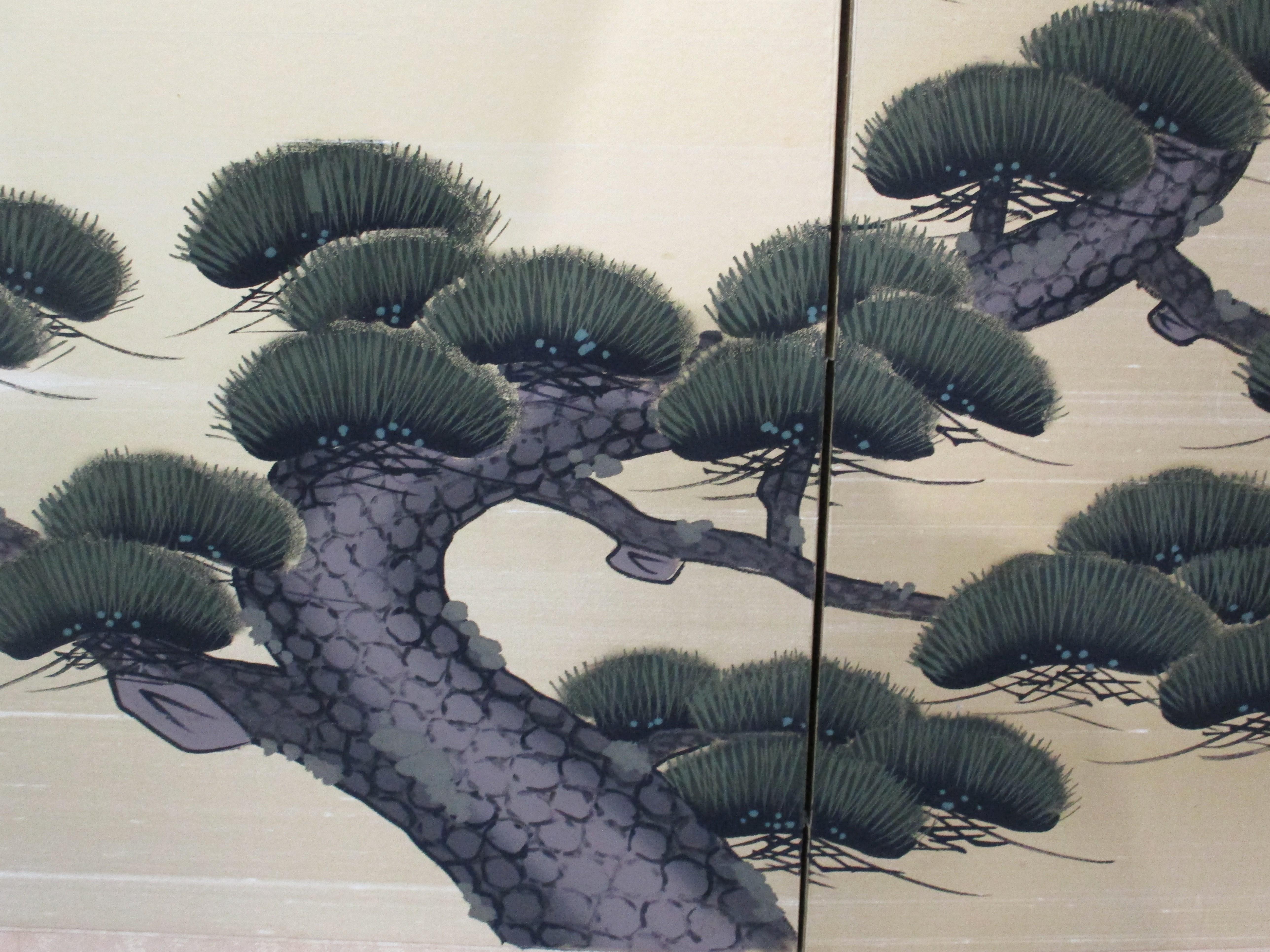 20th Century Showa / Edo Style Japanese Pine Tree Painted Small Byobu Screen