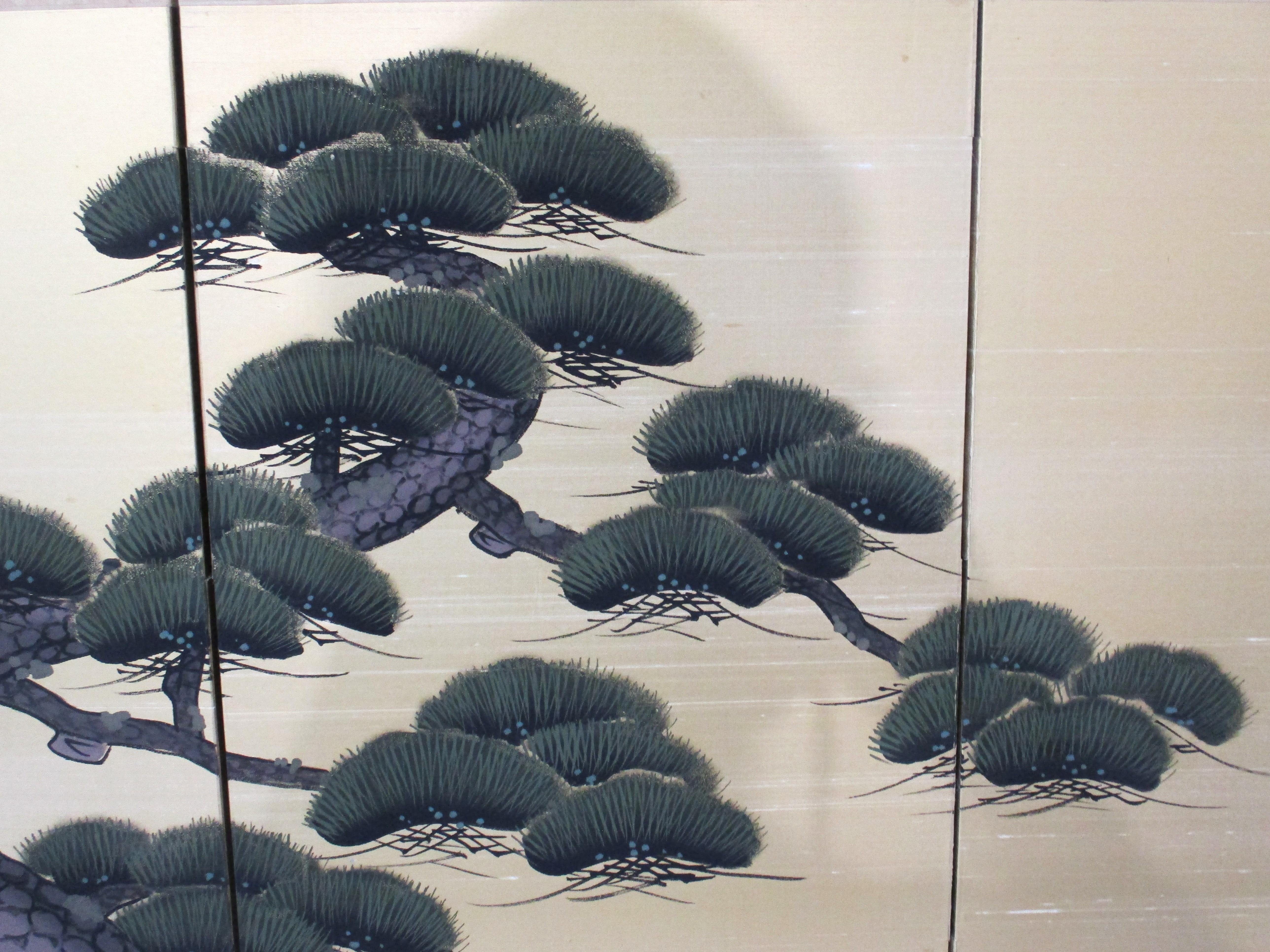 Silk Showa / Edo Style Japanese Pine Tree Painted Small Byobu Screen