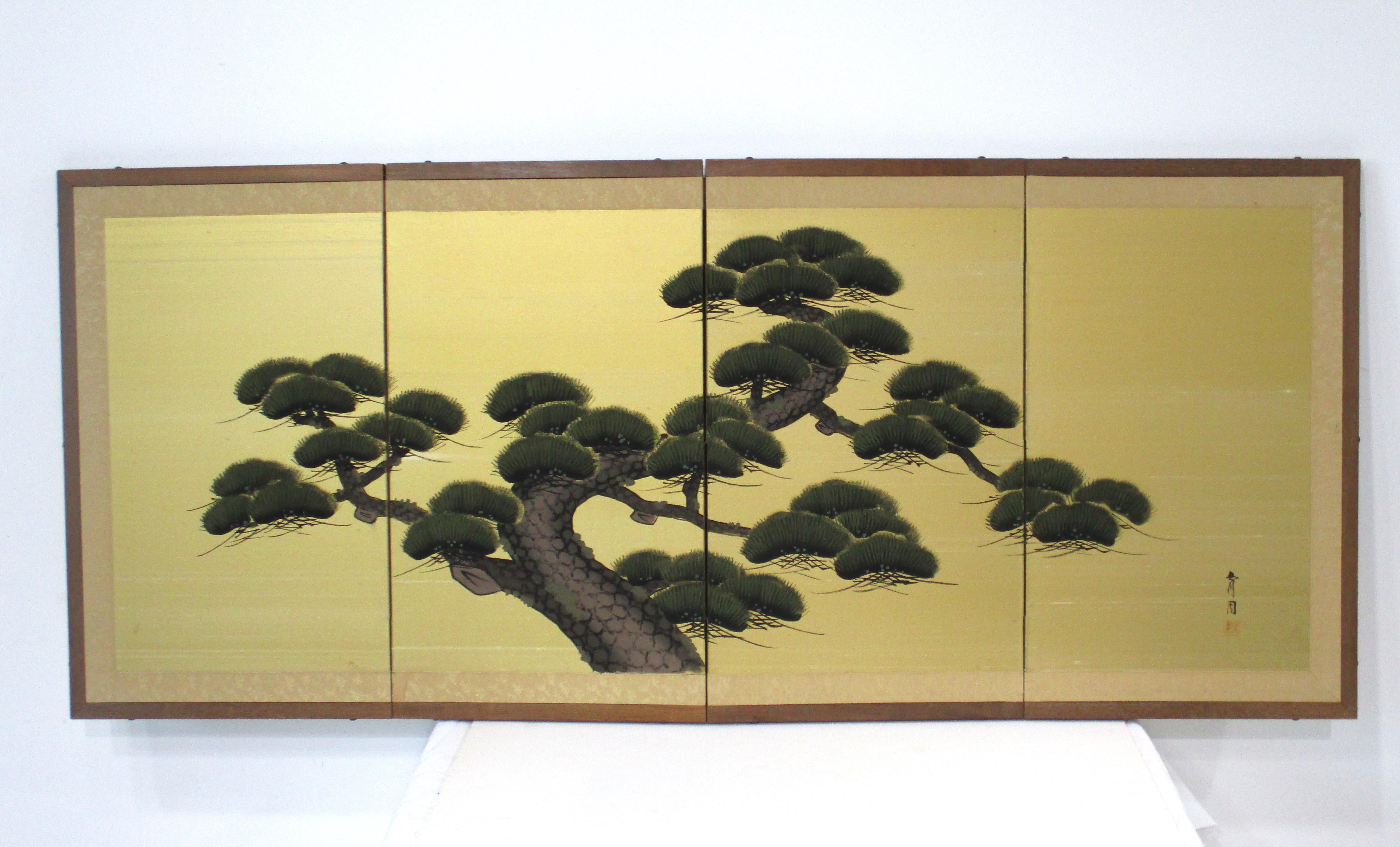 Showa / Edo Style Japanese Pine Tree Painted Small Byobu Screen 1