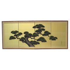 Showa / Edo Style Japanese Pine Tree Painted Small Byobu Screen
