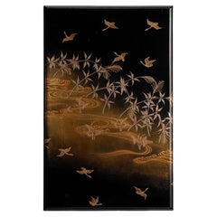 Showa Period Gold Maki-e Landscape & Crane Document Box by Kakuzan