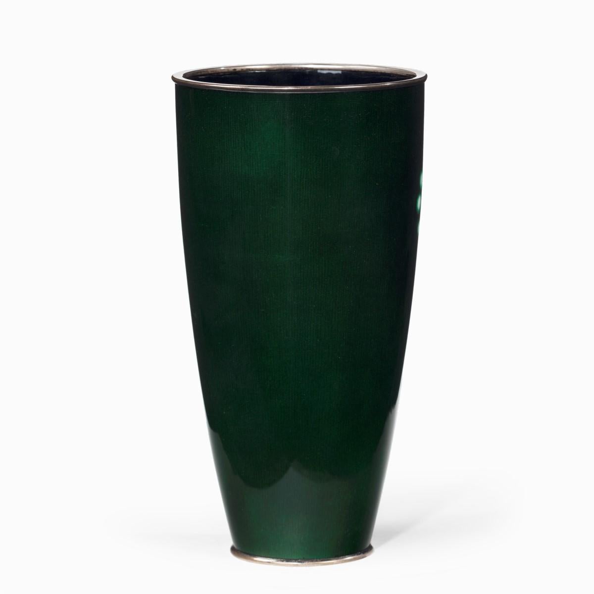 Japanese Showa Period Green Gin-Bari Trumpet Vase by Ando For Sale