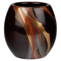 Showa Period Wajima Lacquer Vase with Gold and Silver Maki-e by Inami Tadashi