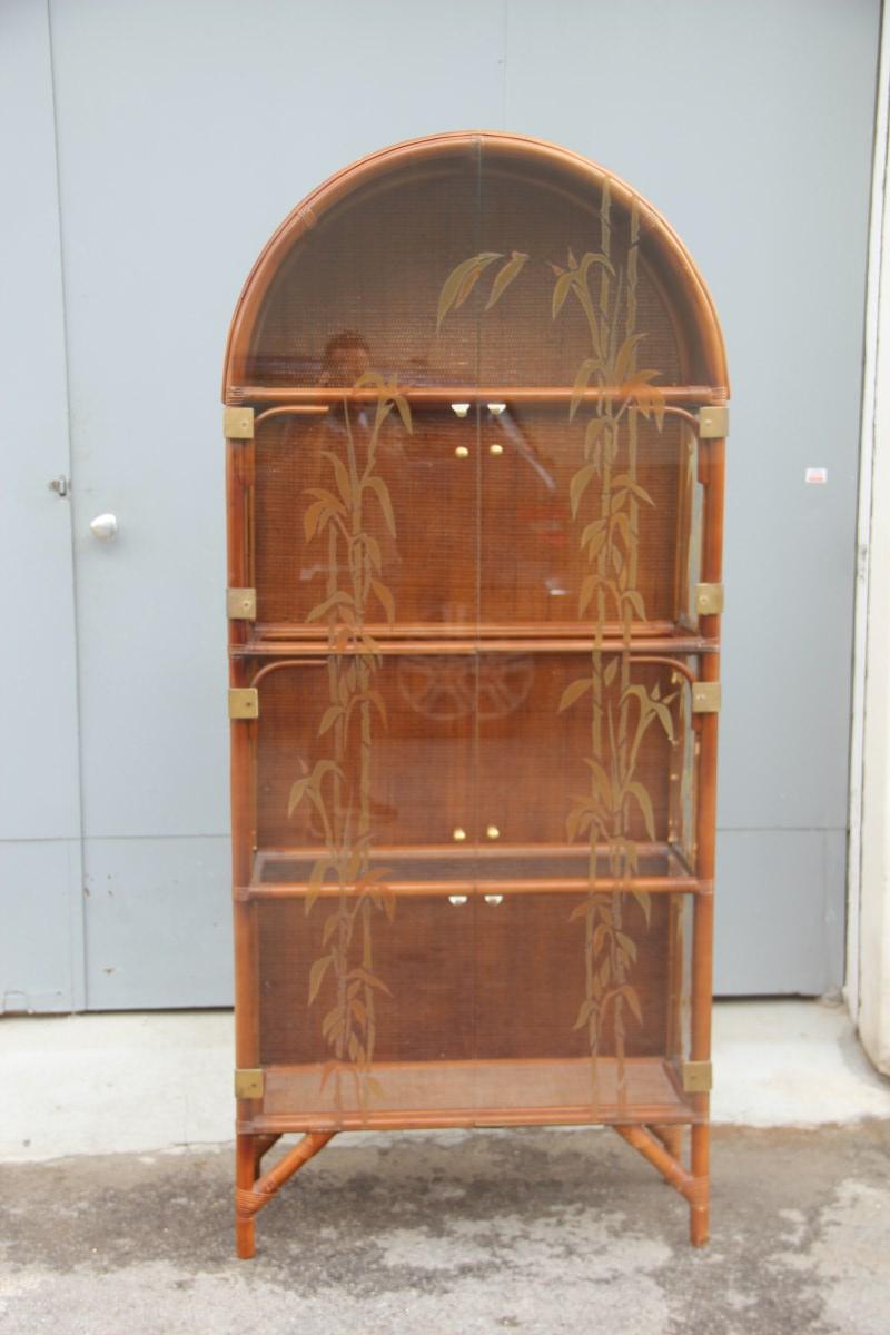 Showcase Bookcase Italian Midcentury Design Glass Decorated Bamboo Rod, 1960s 5