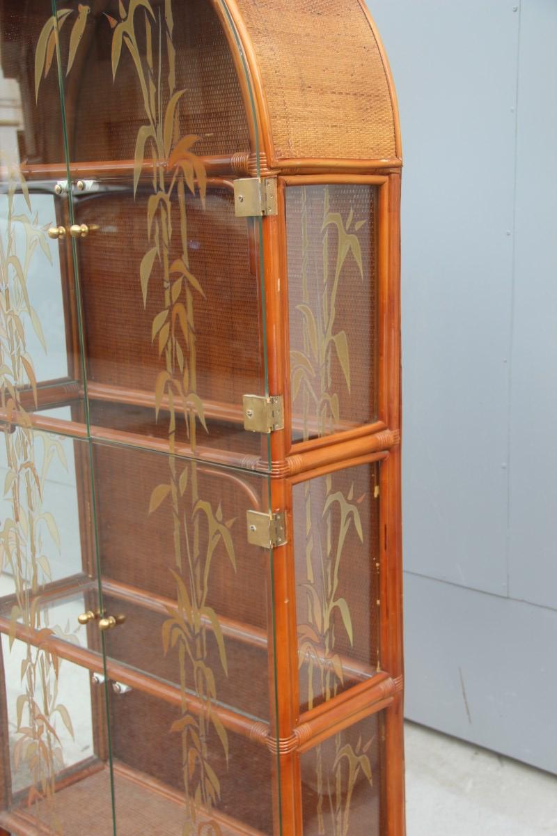 Showcase Bookcase Italian Midcentury Design Glass Decorated Bamboo Rod, 1960s 6