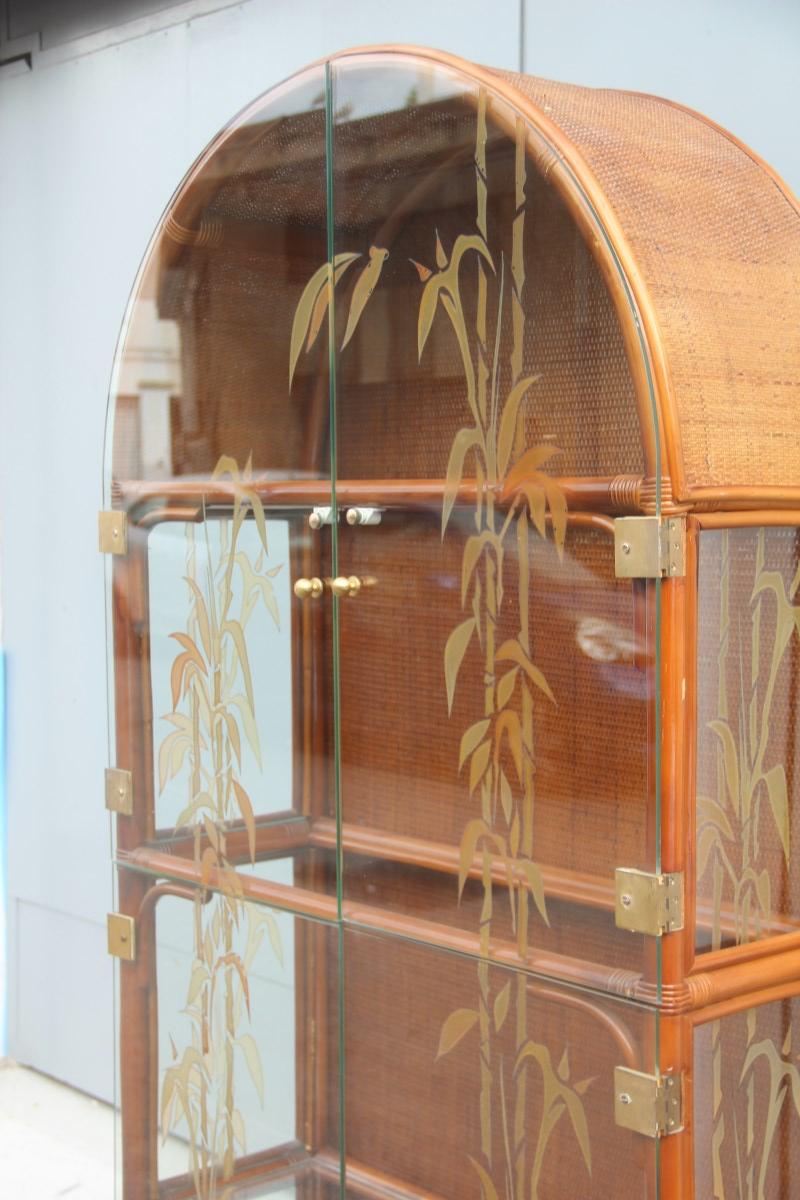Showcase Bookcase Italian Midcentury Design Glass Decorated Bamboo Rod, 1960s 7