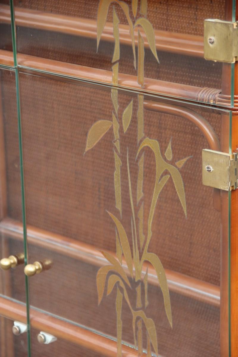 Showcase Bookcase Italian Midcentury Design Glass Decorated Bamboo Rod, 1960s 9