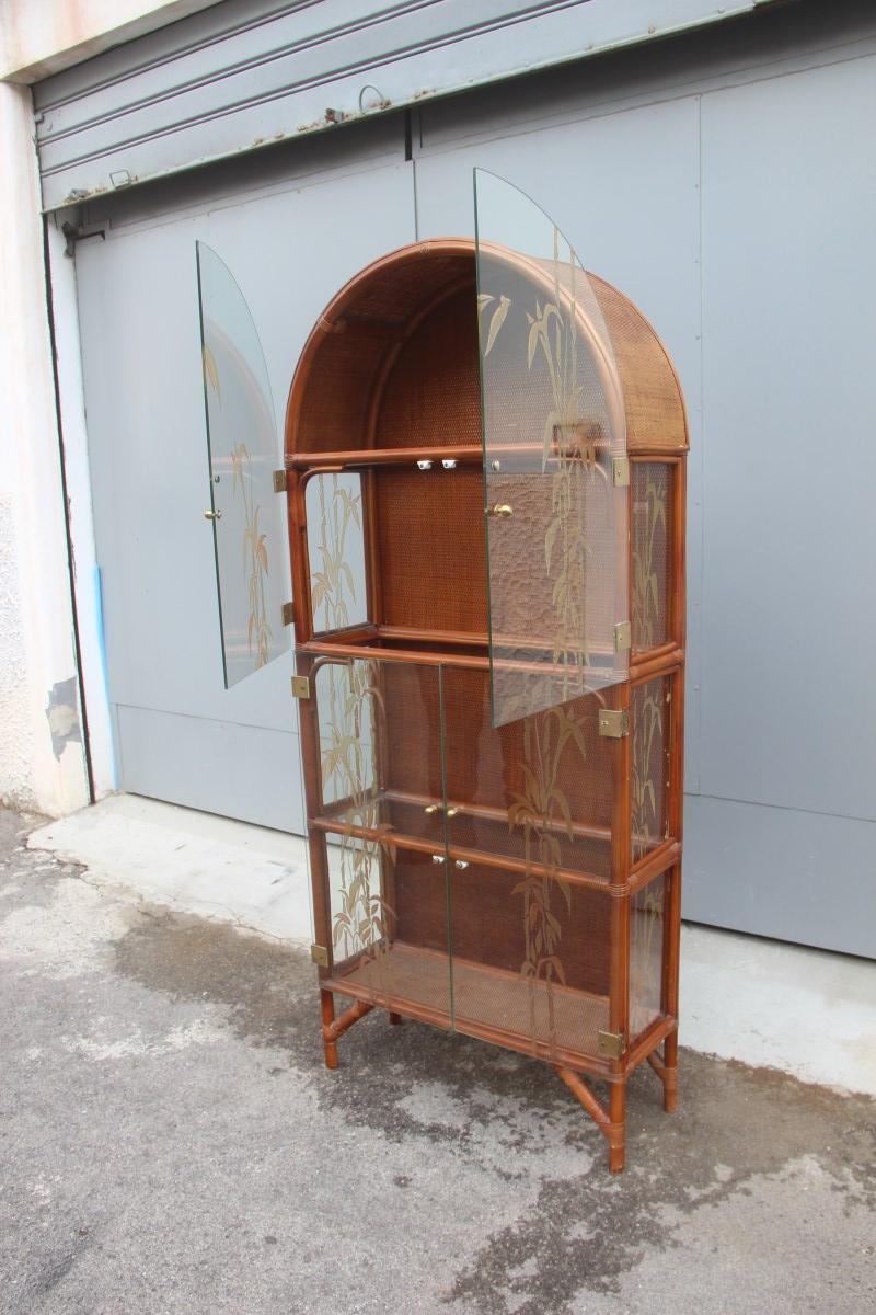 Showcase Bookcase Italian Midcentury Design Glass Decorated Bamboo Rod, 1960s In Good Condition In Palermo, Sicily