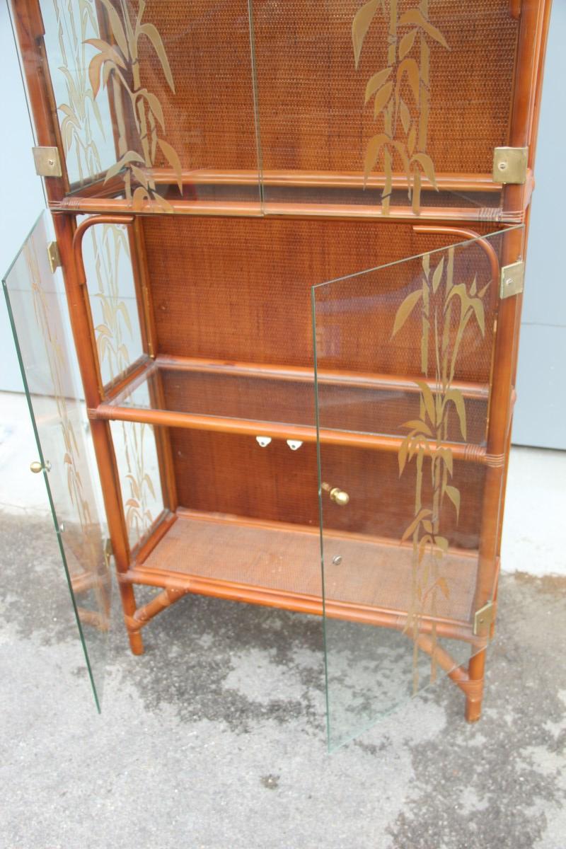 Mid-20th Century Showcase Bookcase Italian Midcentury Design Glass Decorated Bamboo Rod, 1960s