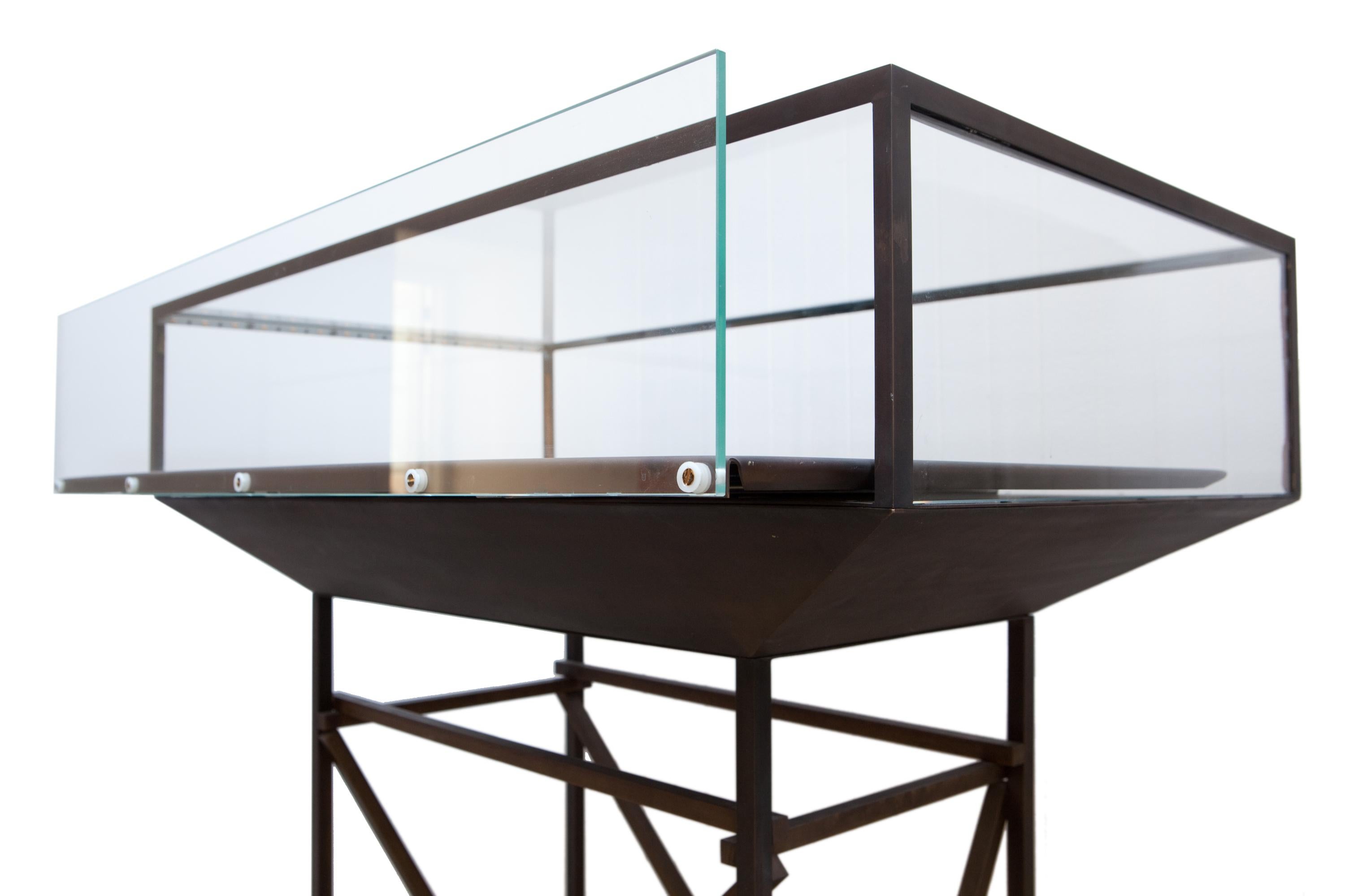 Vitrine en laiton de couleur chimique avec verre et tiroir à emboîter.
3 dimensions possibles : 53 cm, 72 cm, 88 cm.