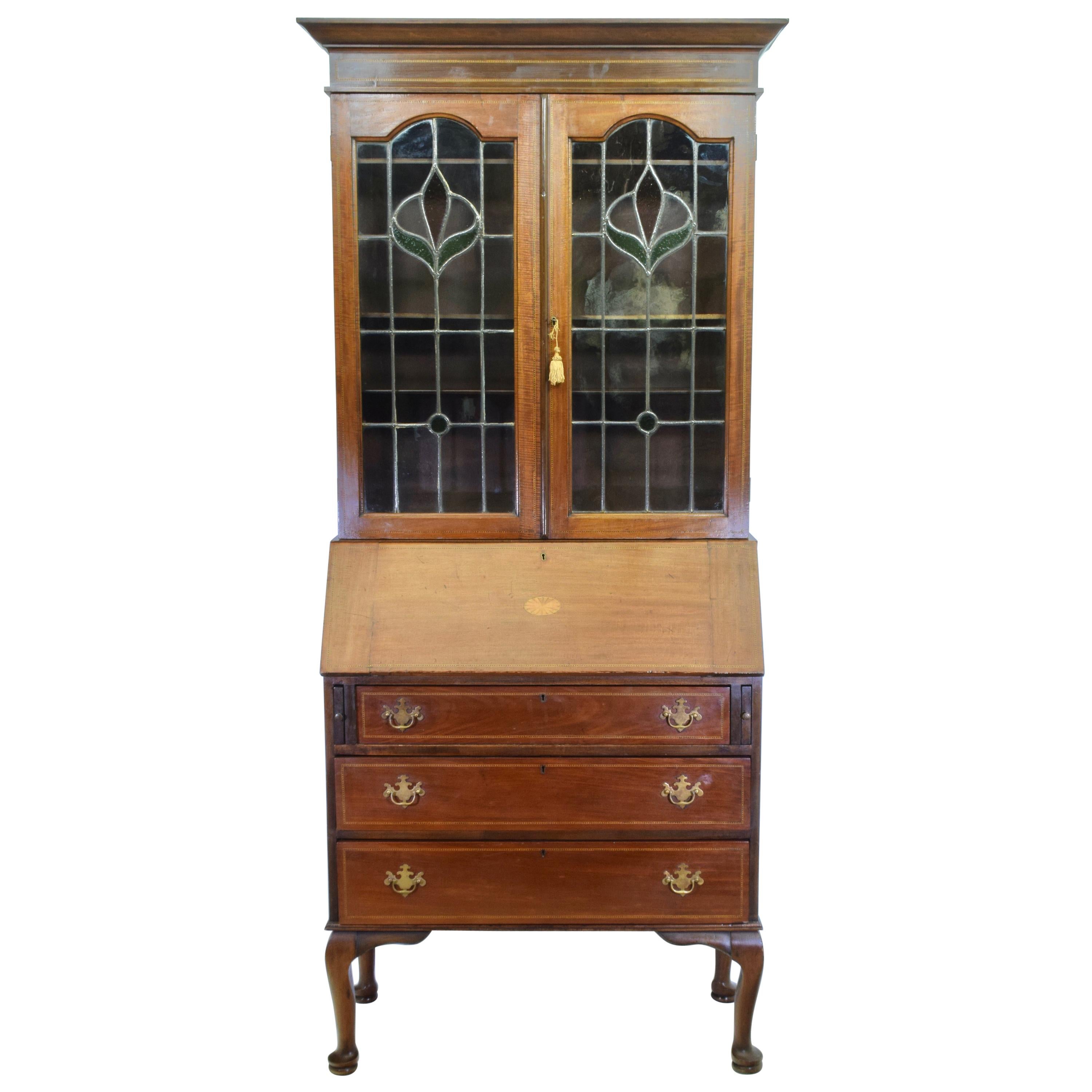 Showcase with Flap and Desk in Mahogany Stained Glass, Early 20th Century For Sale
