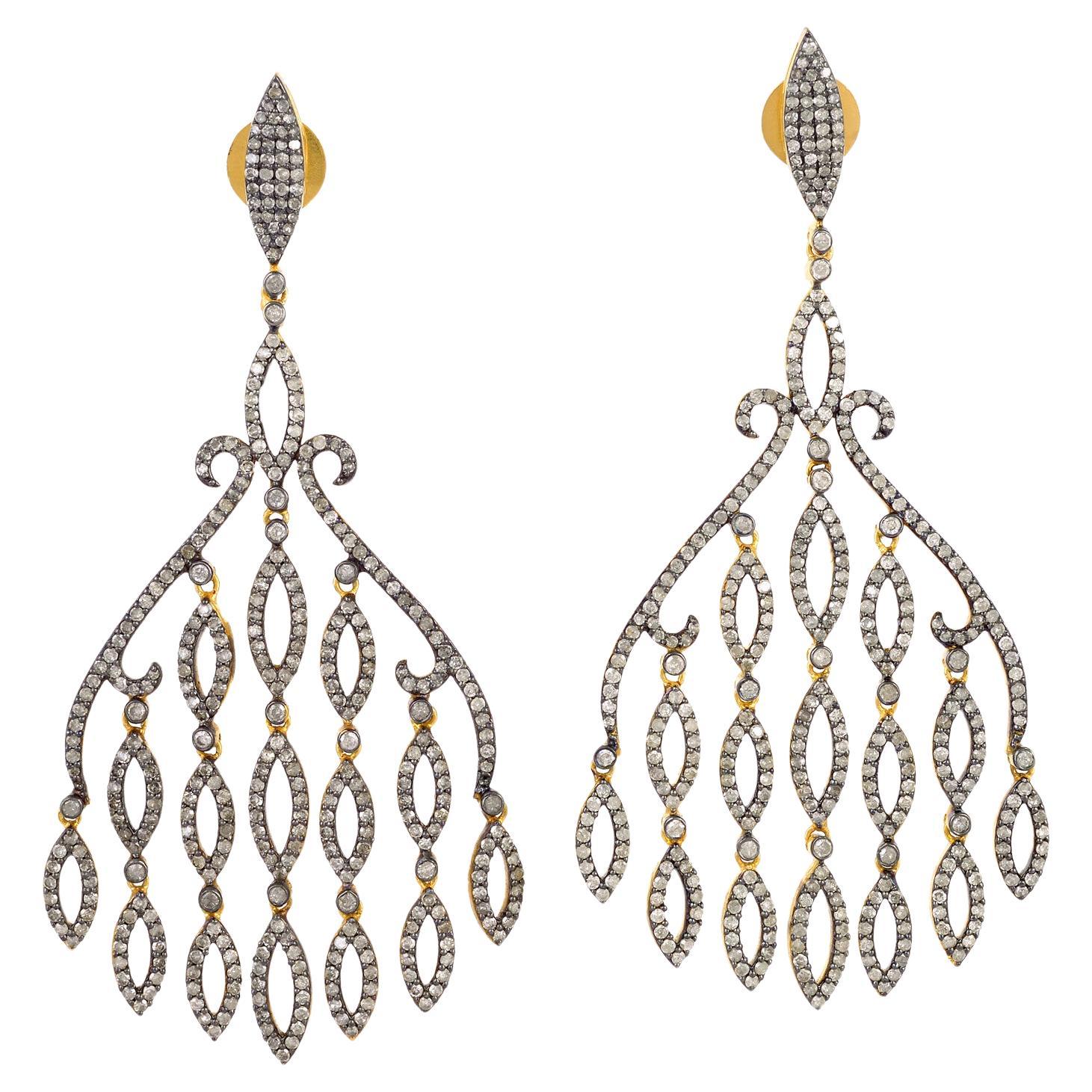 Boucles d'oreilles chandelier en or jaune 18k et argent avec diamants en forme de douche