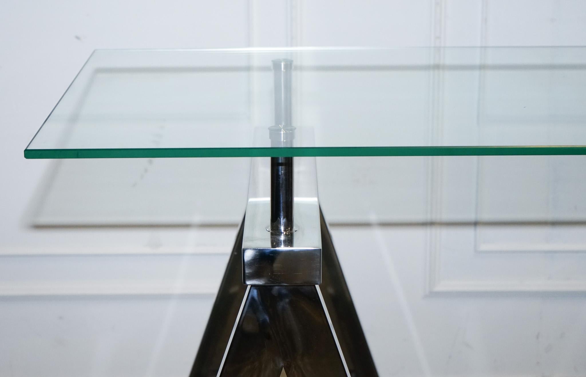 SHOWROOM RALPH LAUREN STYLE CHROME AND GLASS SAW HoRSE CONSOLE TABLE DESK 3