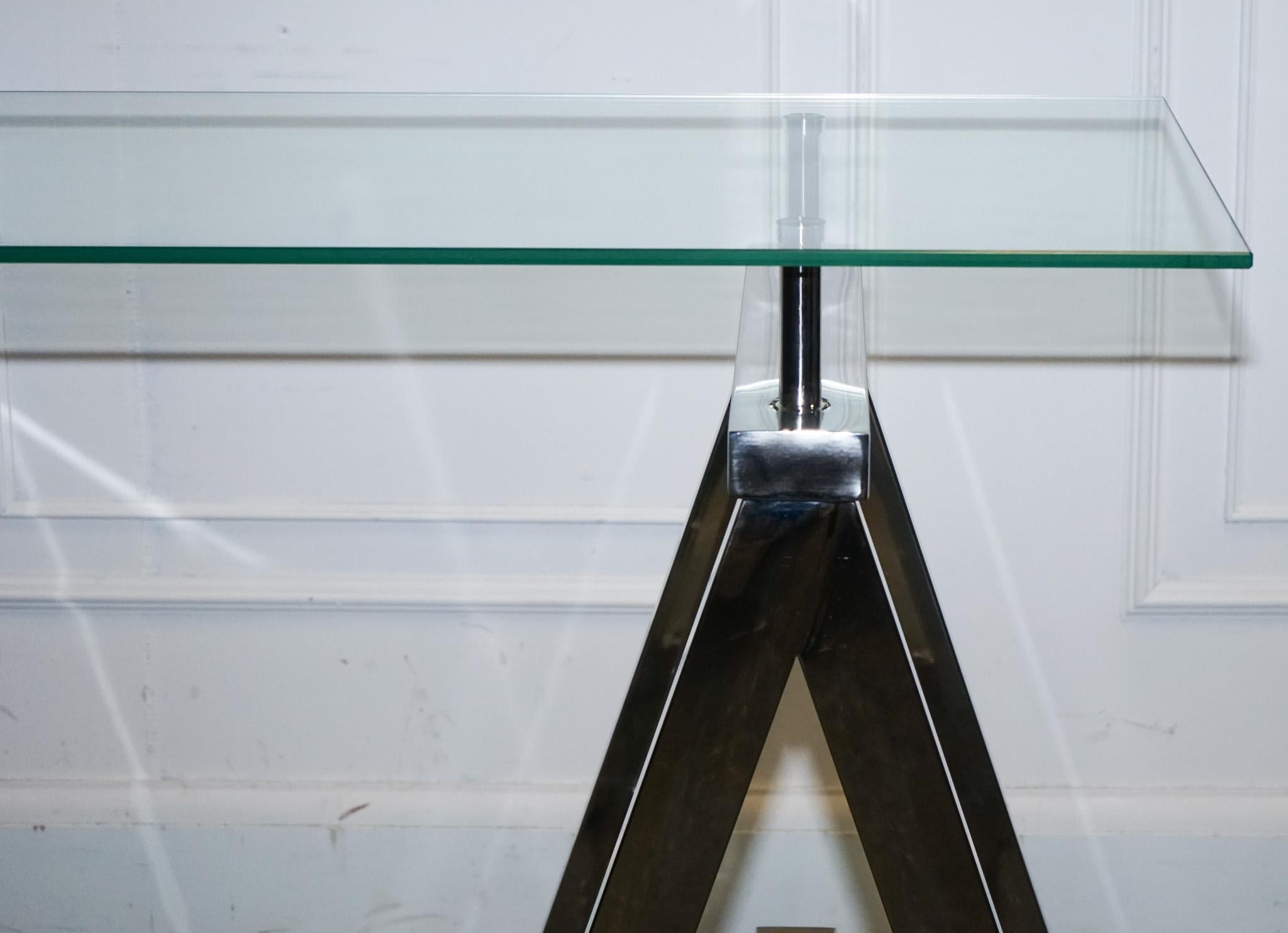 SHOWROOM RALPH LAUREN STYLE CHROME AND GLASS SAW HoRSE CONSOLE TABLE DESK 4